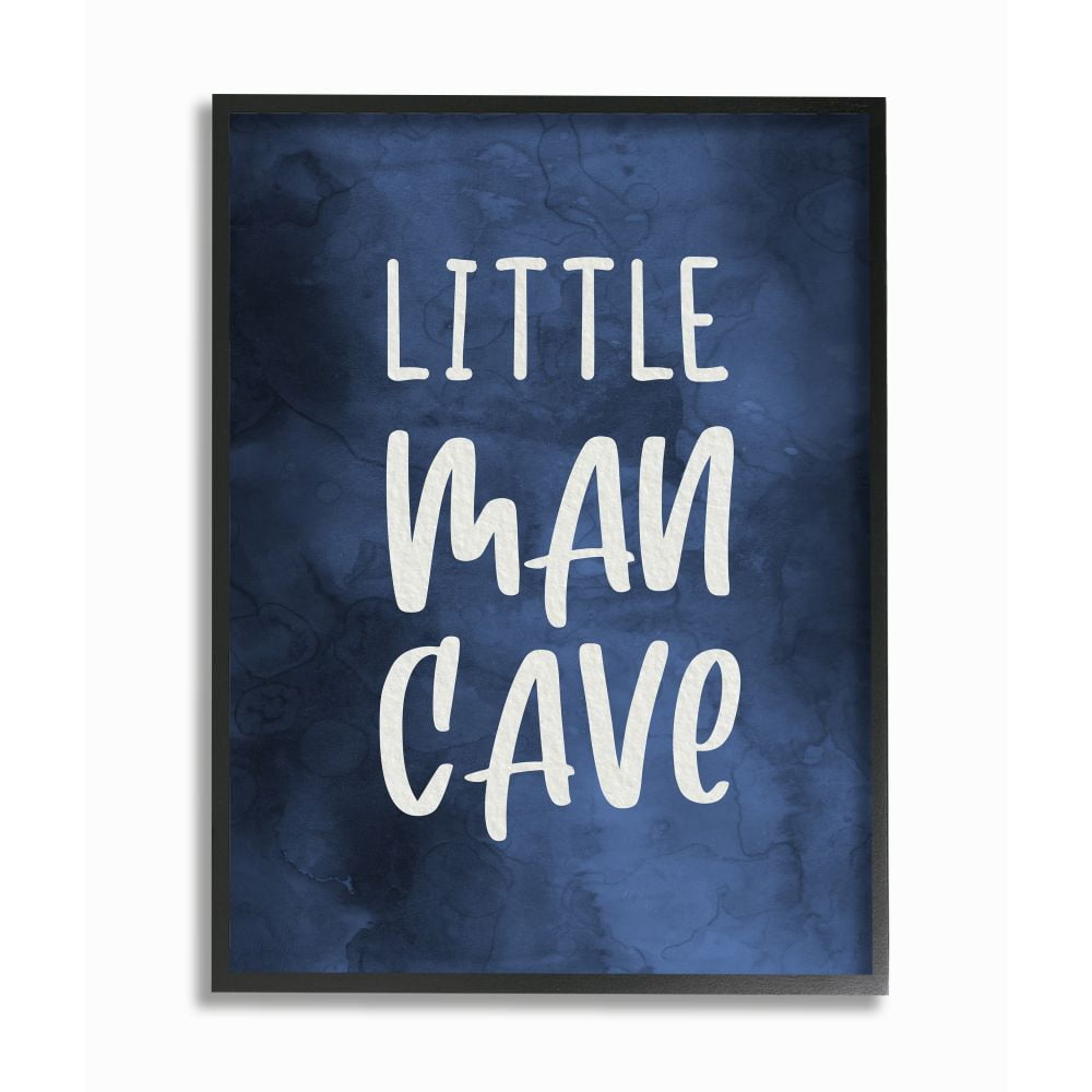 Stupell Industries Little Man Cave Text Over Navy Blue Watercolor Pattern Framed Wall Art Design by Daphne Polselli, 11" x 14", Black Framed