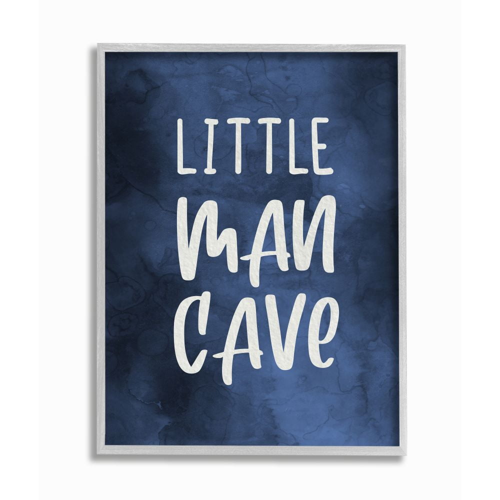 Stupell Industries Little Man Cave Text Over Navy Blue Watercolor Pattern Framed Wall Art Design by Daphne Polselli, 16" x 20", Gray Framed