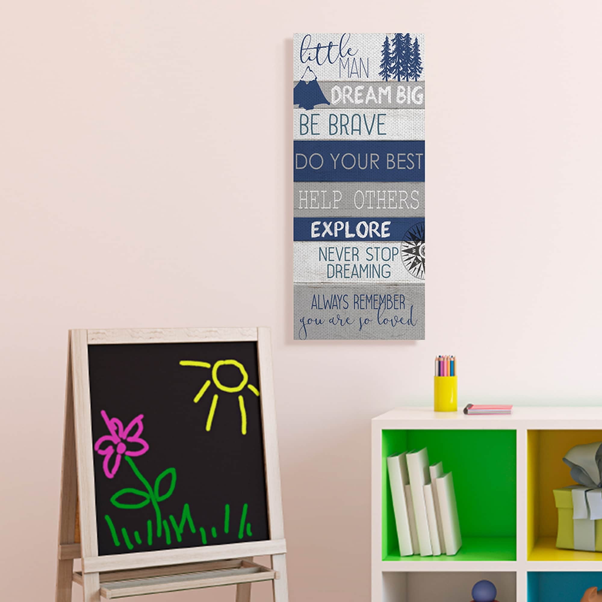 Stupell Industries Little Man Dream Big Phrase Compass Mountains Trees,13 x 30,Designed by Kim Allen