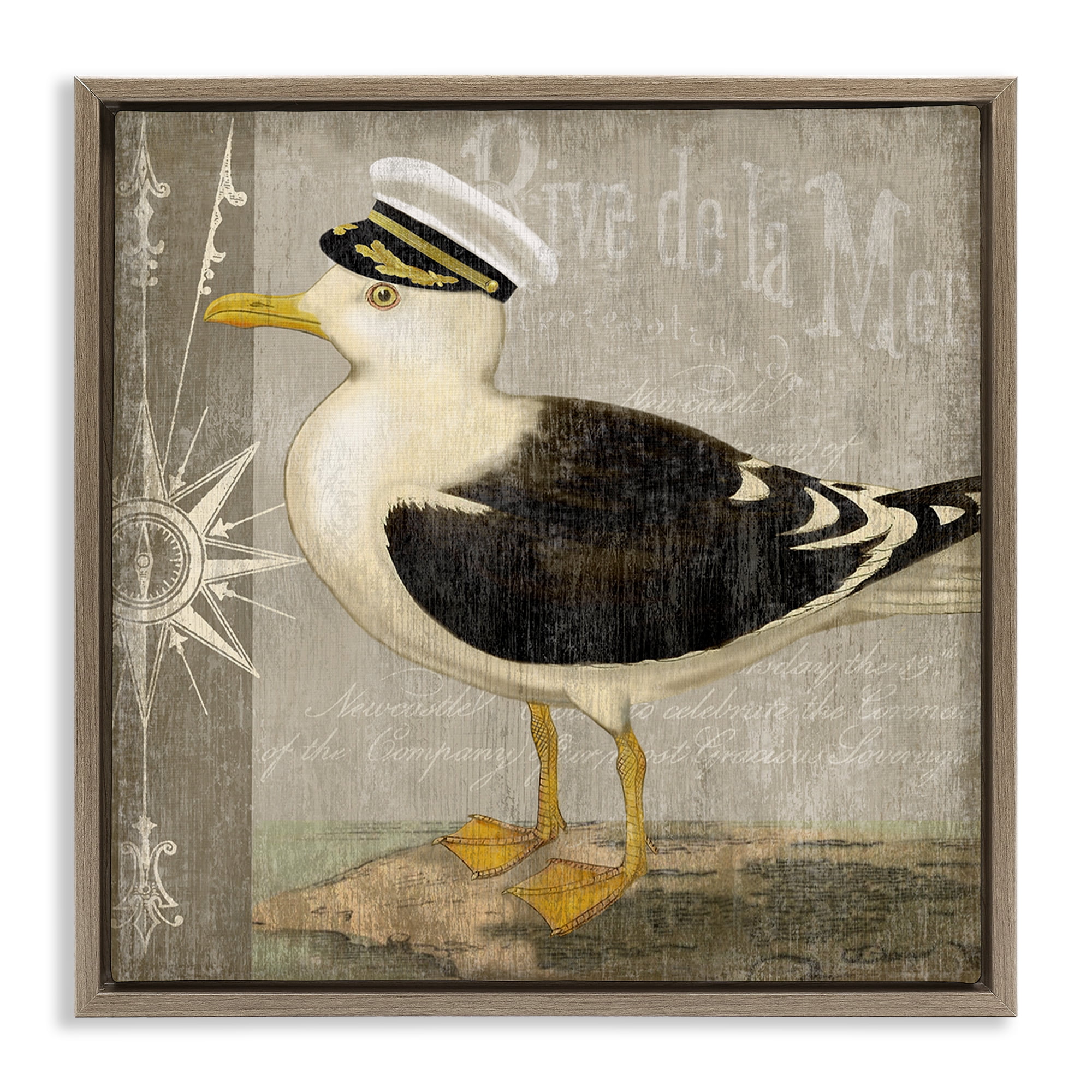 Stupell Industries Little Maritime Seagull Brown Framed Floater Canvas Wall Art, design by Suzanne Nicoll