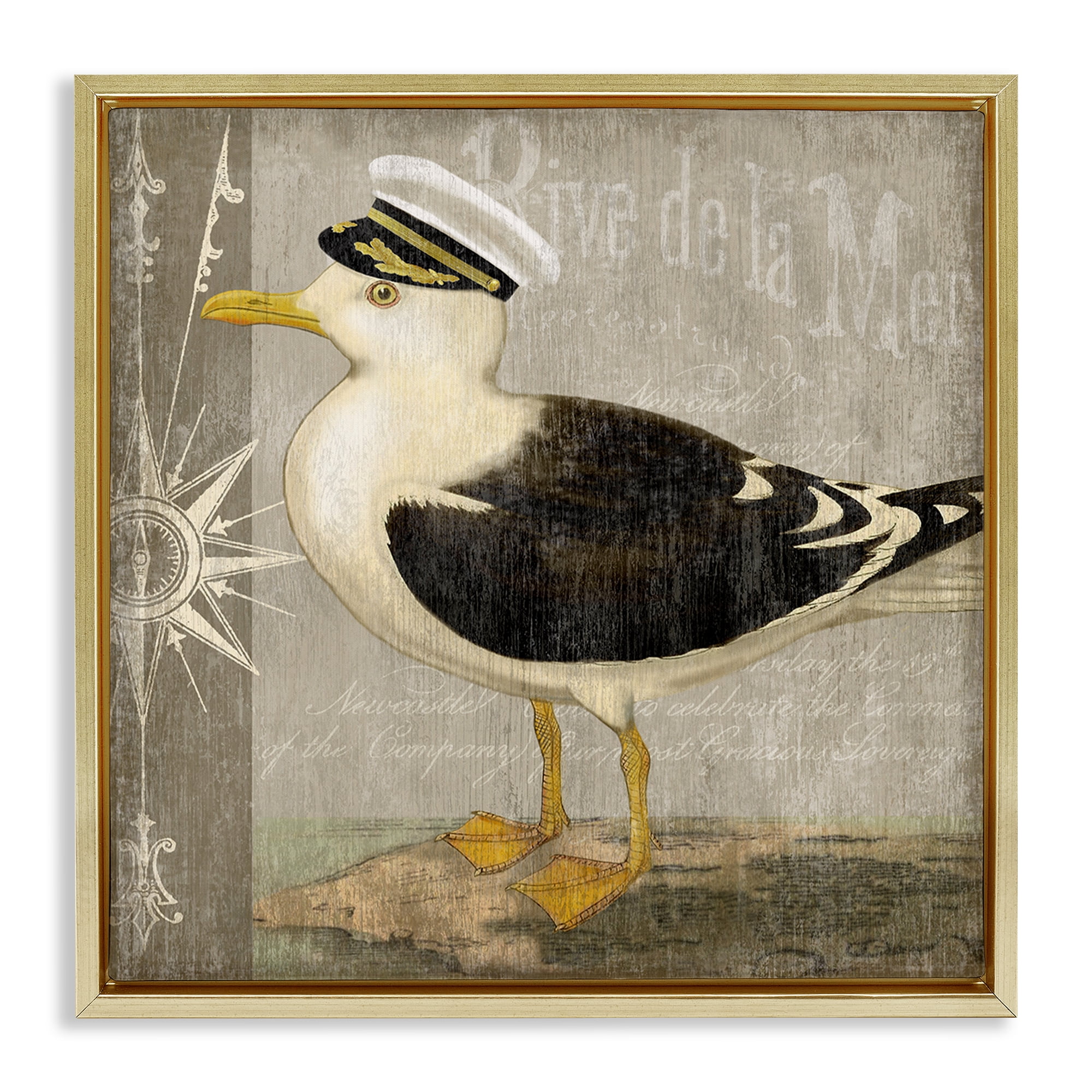 Stupell Industries Little Maritime Seagull Gold Framed Floater Canvas Wall Art, design by Suzanne Nicoll