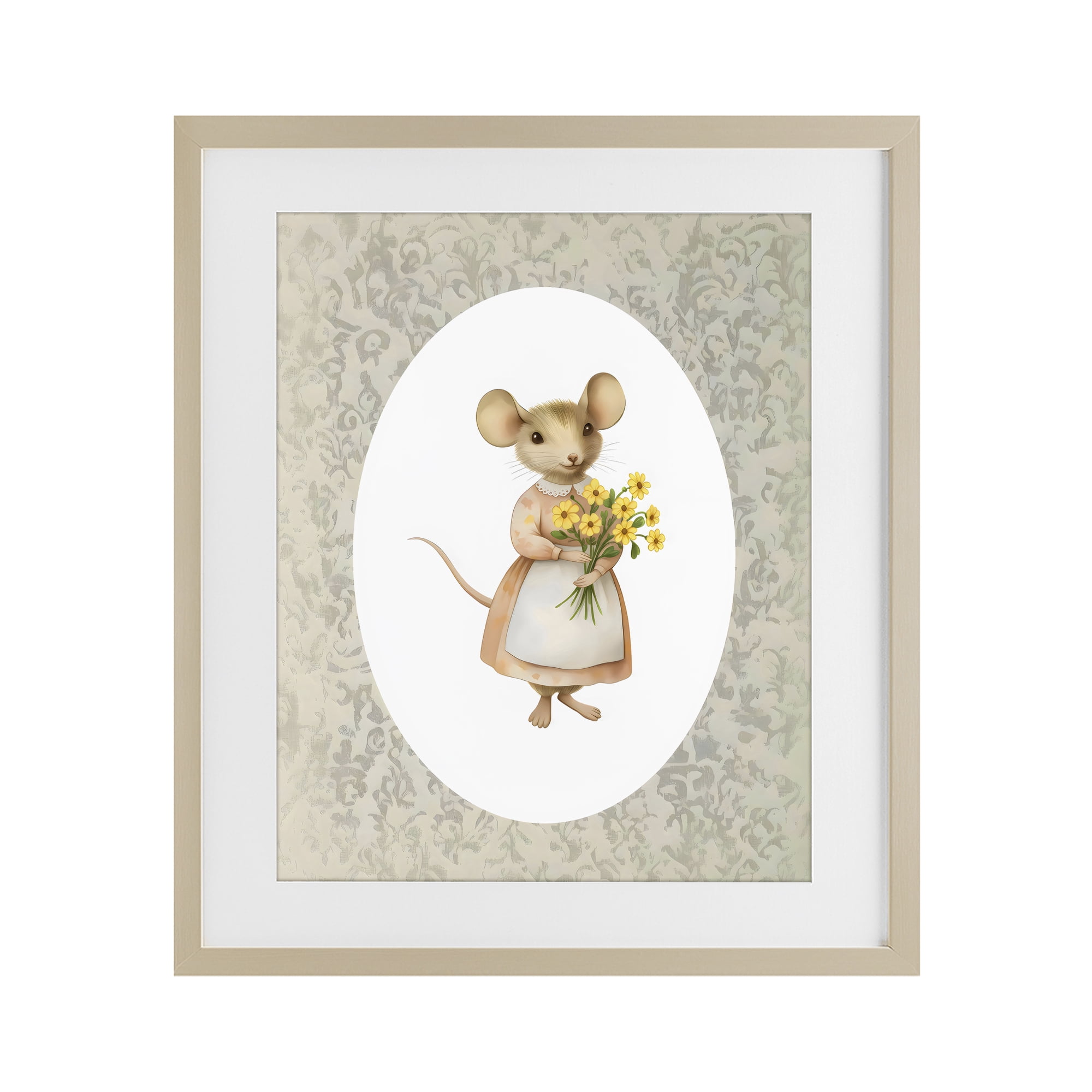 Stupell Industries Little Mouse with Flowers Birch Framed Print Under Glass, design by Arlington Prints
