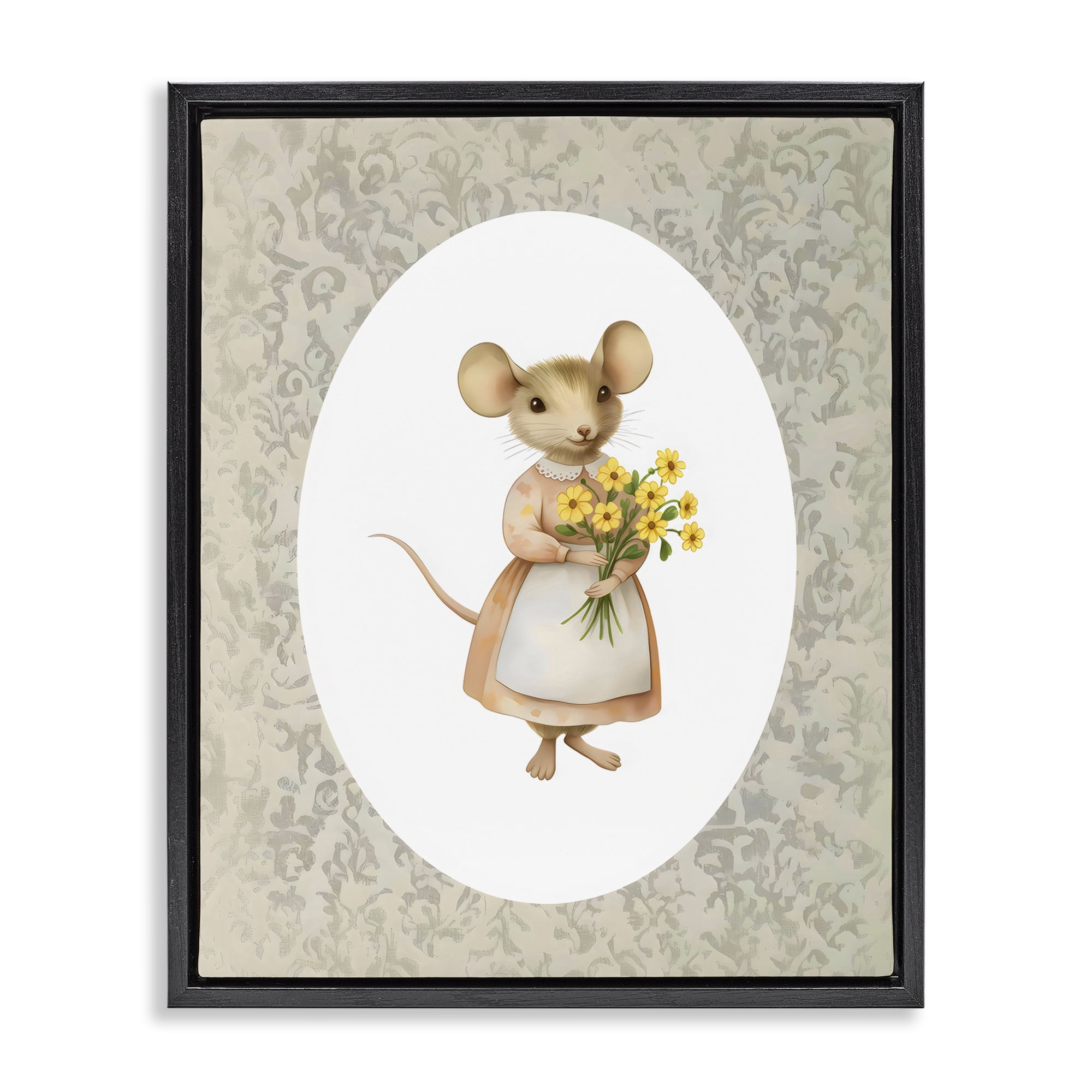 Stupell Industries Little Mouse with Flowers Black Framed Floater Canvas Wall Art, design by Arlington Prints