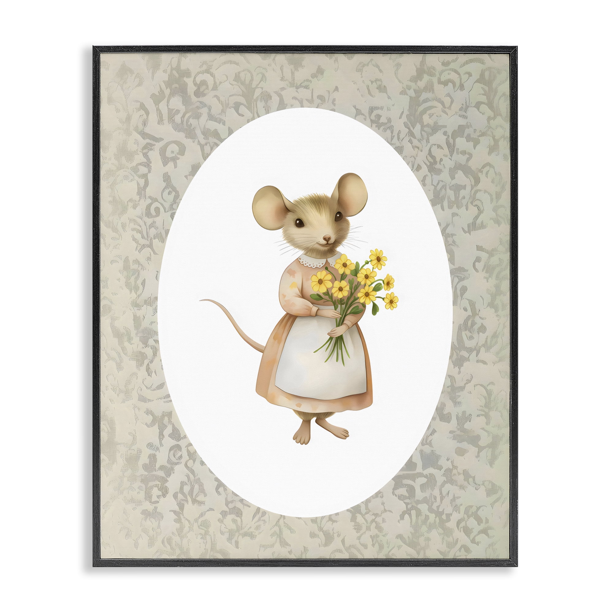 Stupell Industries Little Mouse with Flowers Black Framed Giclee Art, design by Arlington Prints