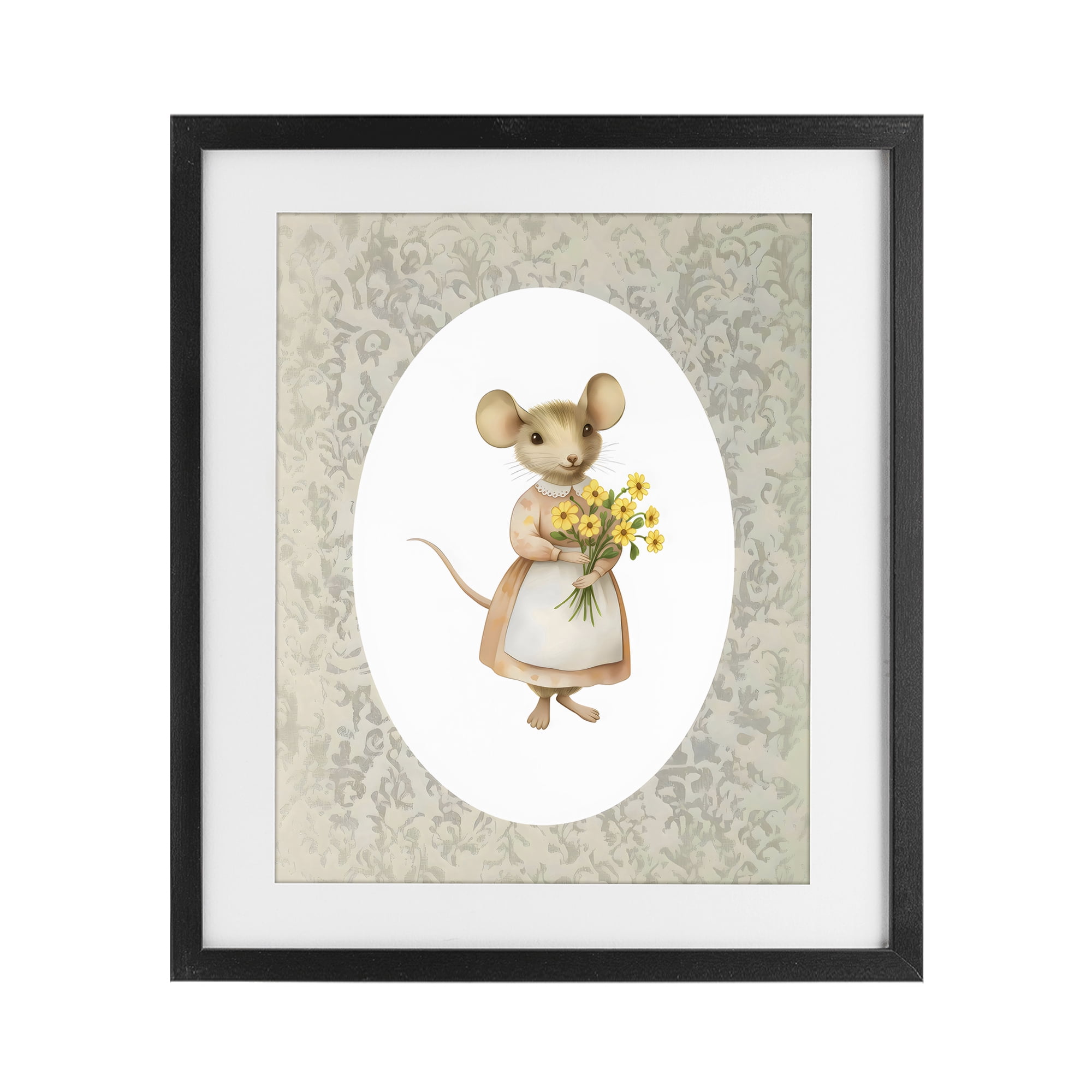 Stupell Industries Little Mouse with Flowers Black Framed Print Under Glass, design by Arlington Prints