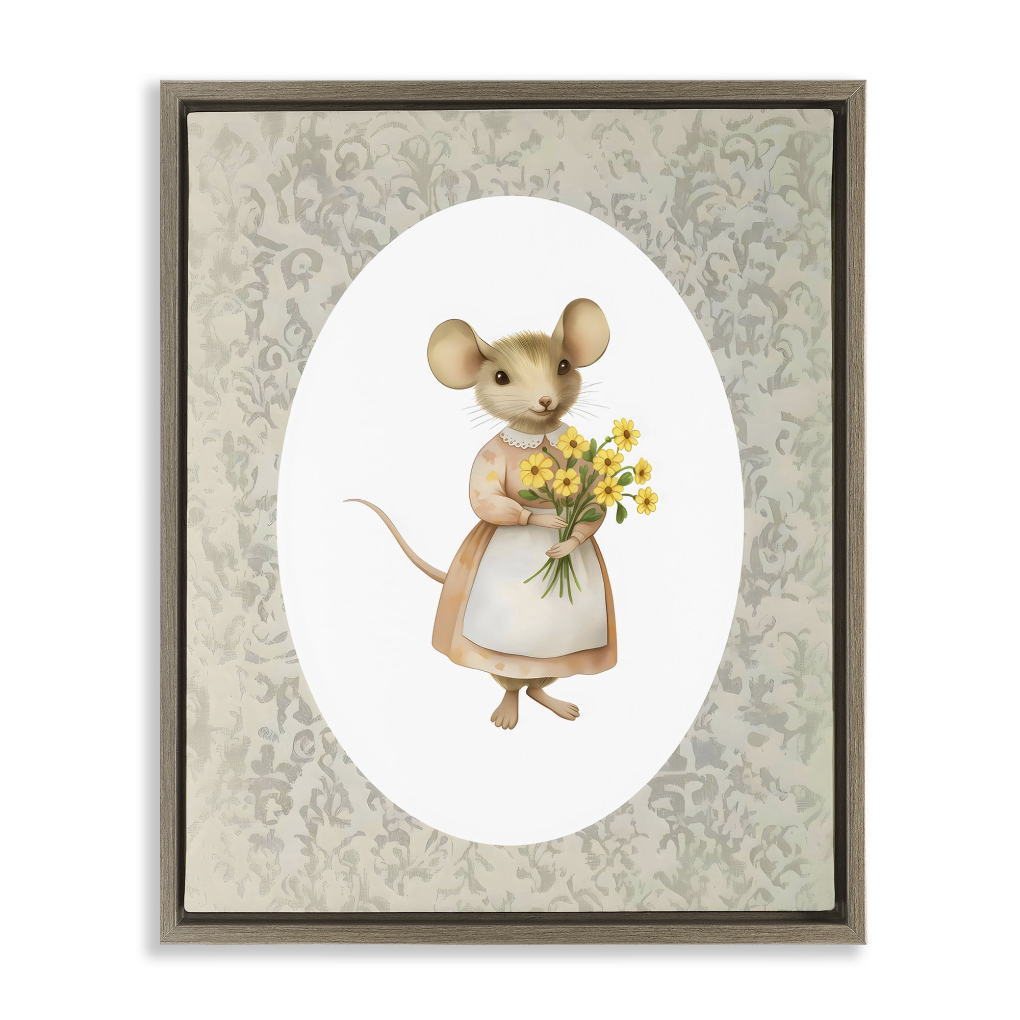Stupell Industries Little Mouse with Flowers Brown Framed Floater Canvas Wall Art, design by Arlington Prints