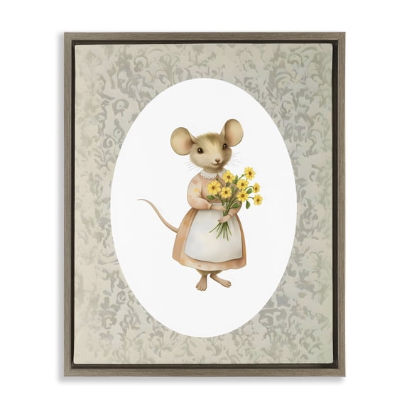 Stupell Industries Cottage Little Mouse with Flowers Brown Floating Frame Canvas Art, 25 x 31, by Arlington Prints