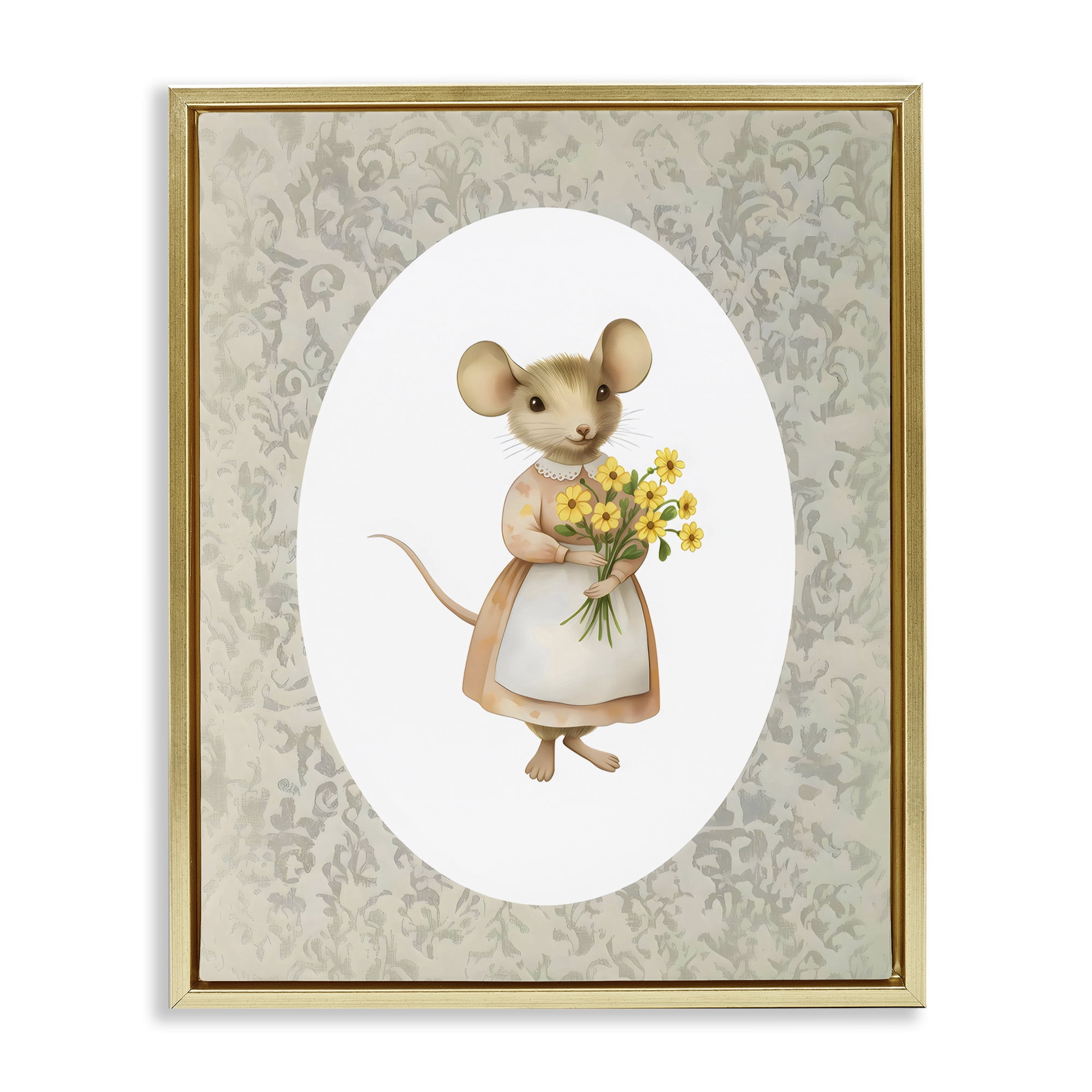 Stupell Industries Little Mouse with Flowers Gold Framed Floater Canvas Wall Art, design by Arlington Prints