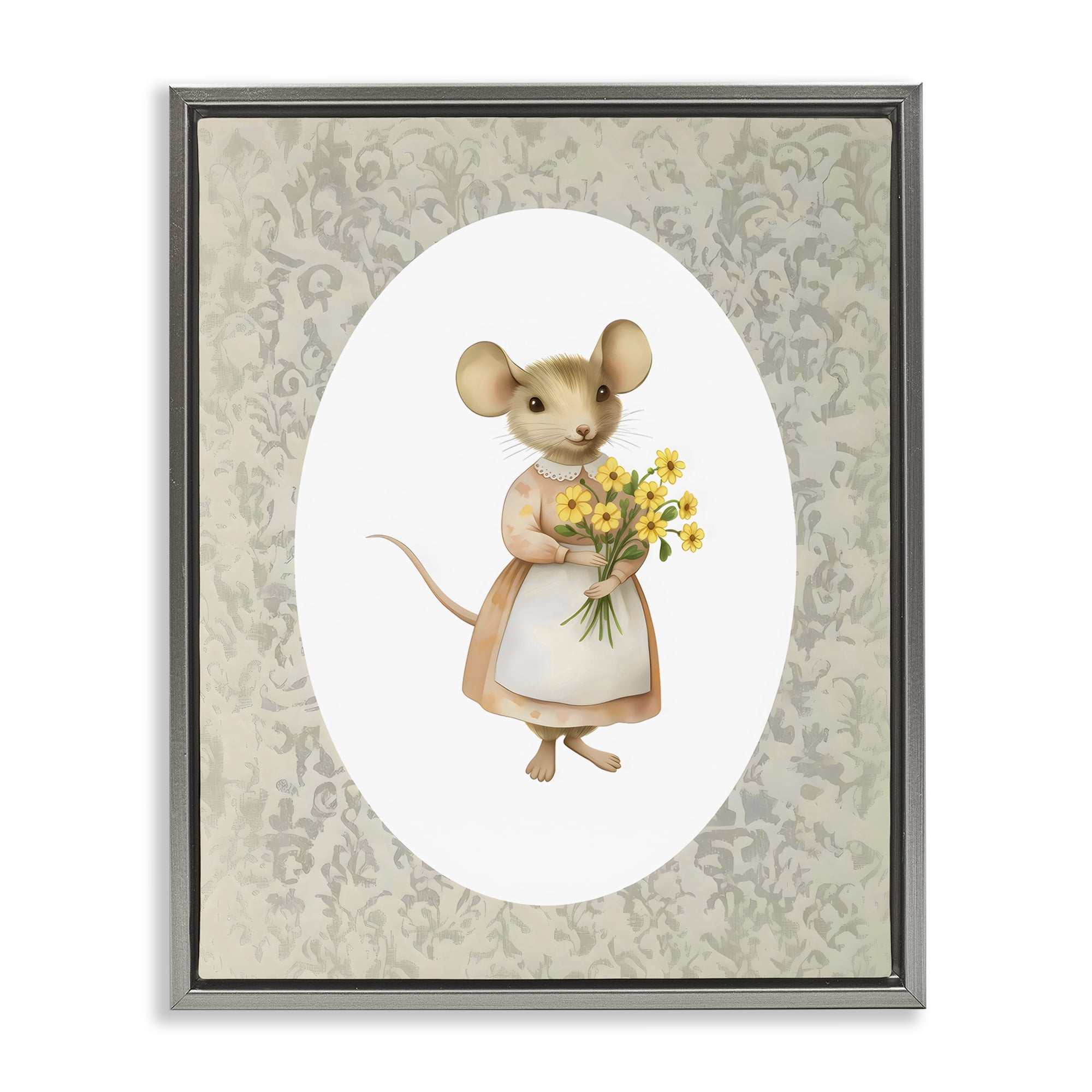 Stupell Industries Little Mouse with Flowers Gray Framed Floater Canvas Wall Art, design by Arlington Prints