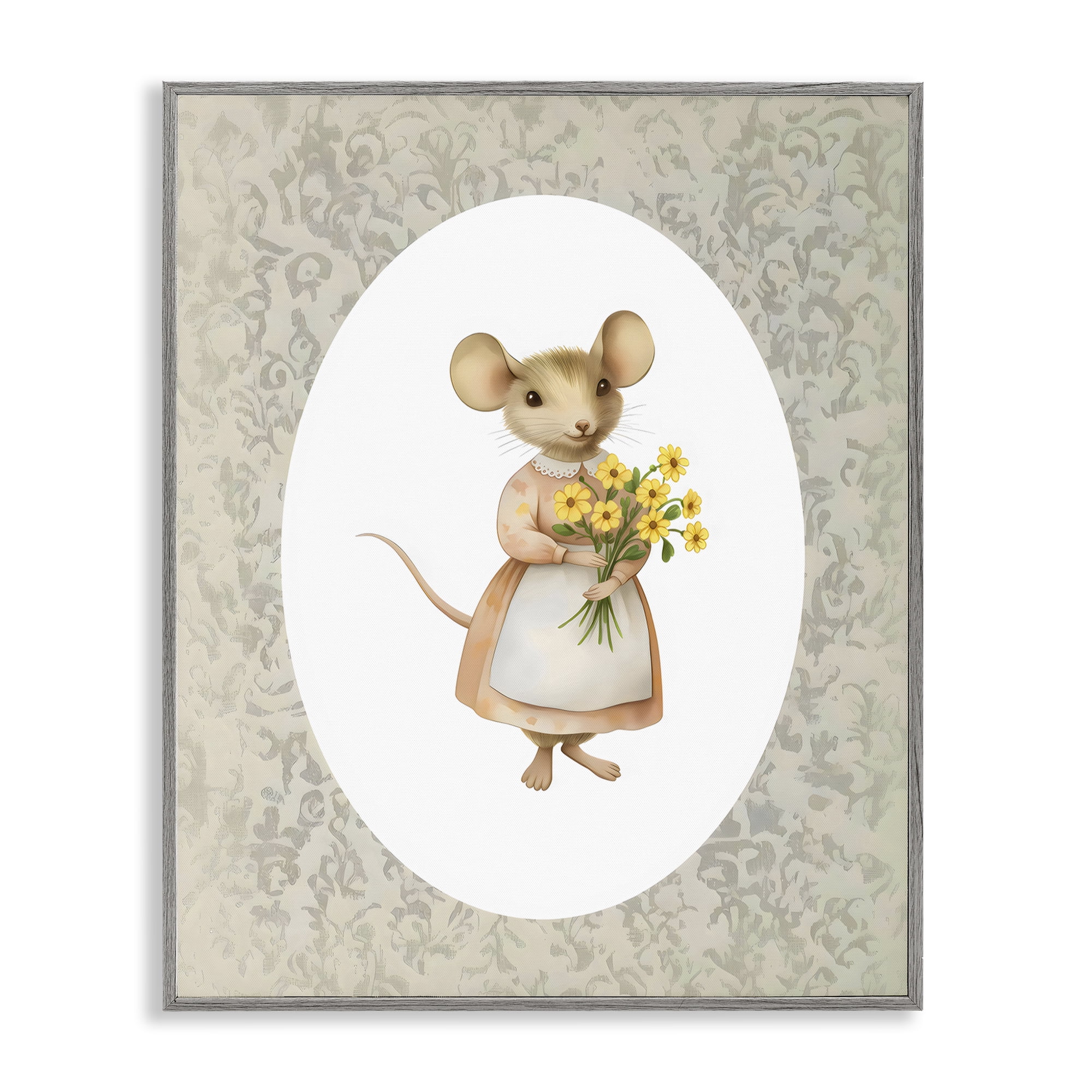 Stupell Industries Little Mouse with Flowers Gray Framed Giclee Art, design by Arlington Prints