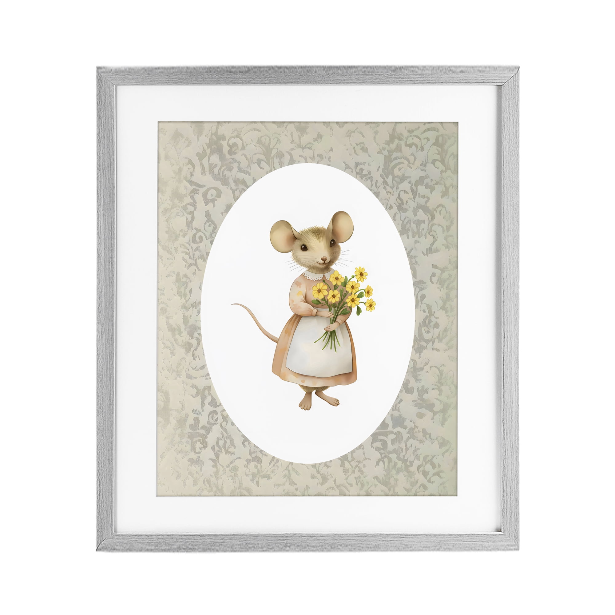 Stupell Industries Little Mouse with Flowers Gray Framed Print Under Glass, design by Arlington Prints