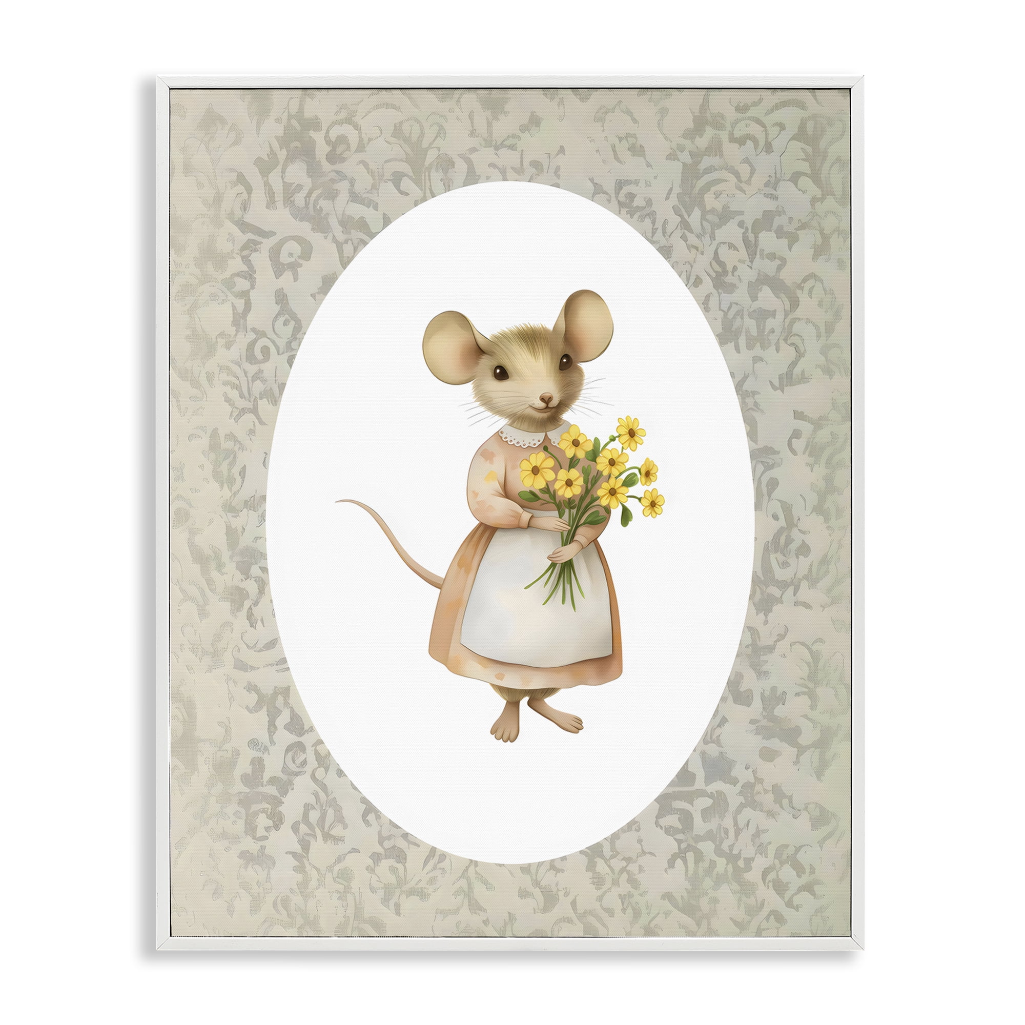 Stupell Industries Little Mouse with Flowers White Framed Giclee Art, design by Arlington Prints