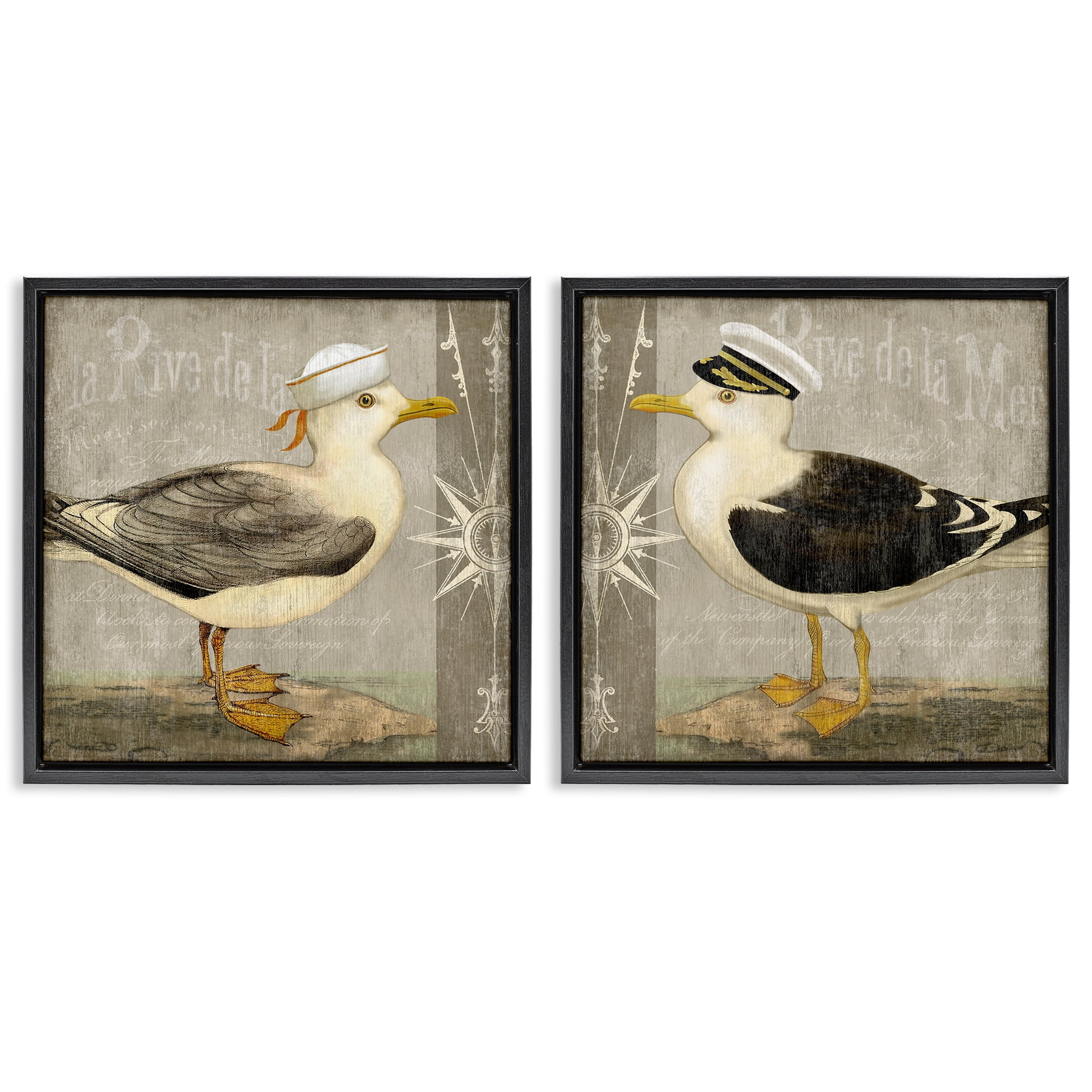 Stupell Industries Little Seagulls with Hats 2 Piece Black Framed Floater Canvas Set, design by Suzanne Nicoll