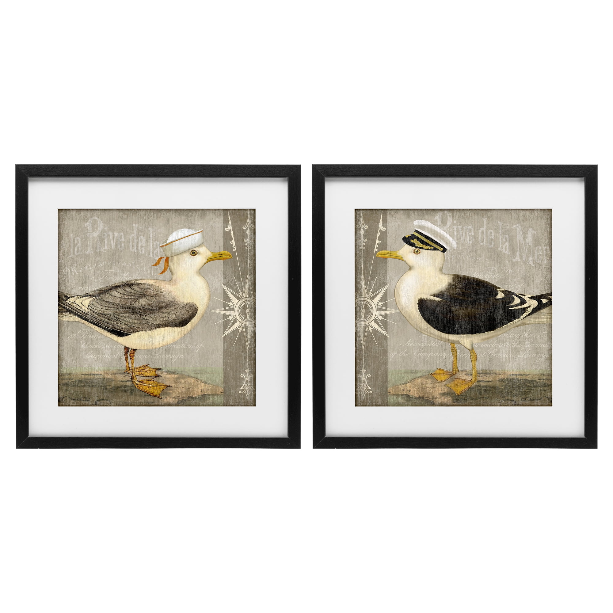 Stupell Industries Little Seagulls with Hats 2 Piece Black Framed Print Under Glass Set, design by Suzanne Nicoll