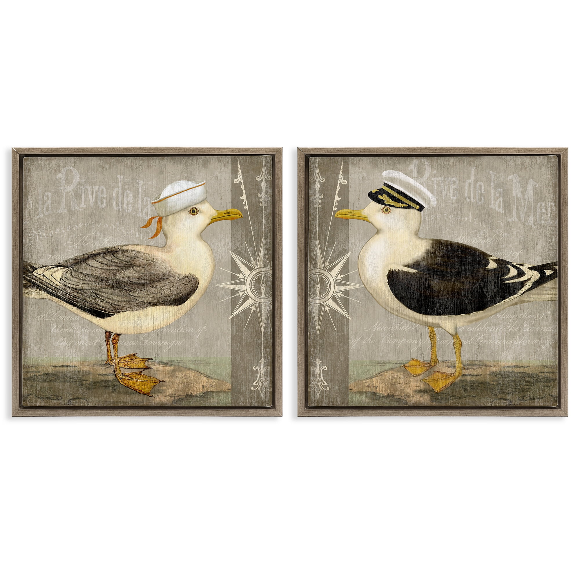 Stupell Industries Little Seagulls with Hats 2 Piece Brown Framed Floater Canvas Set, design by Suzanne Nicoll