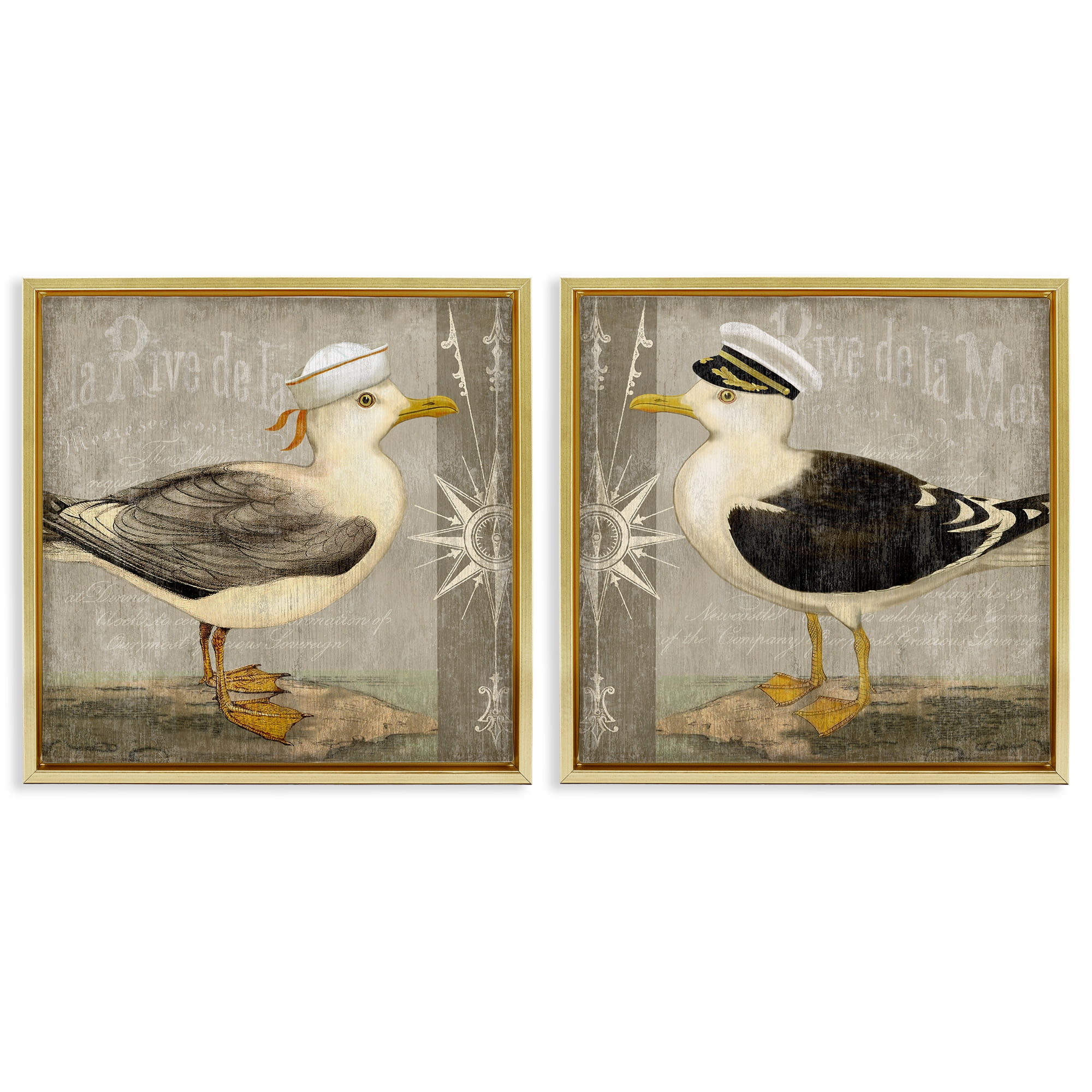 Stupell Industries Little Seagulls with Hats 2 Piece Gold Framed Floater Canvas Set, design by Suzanne Nicoll