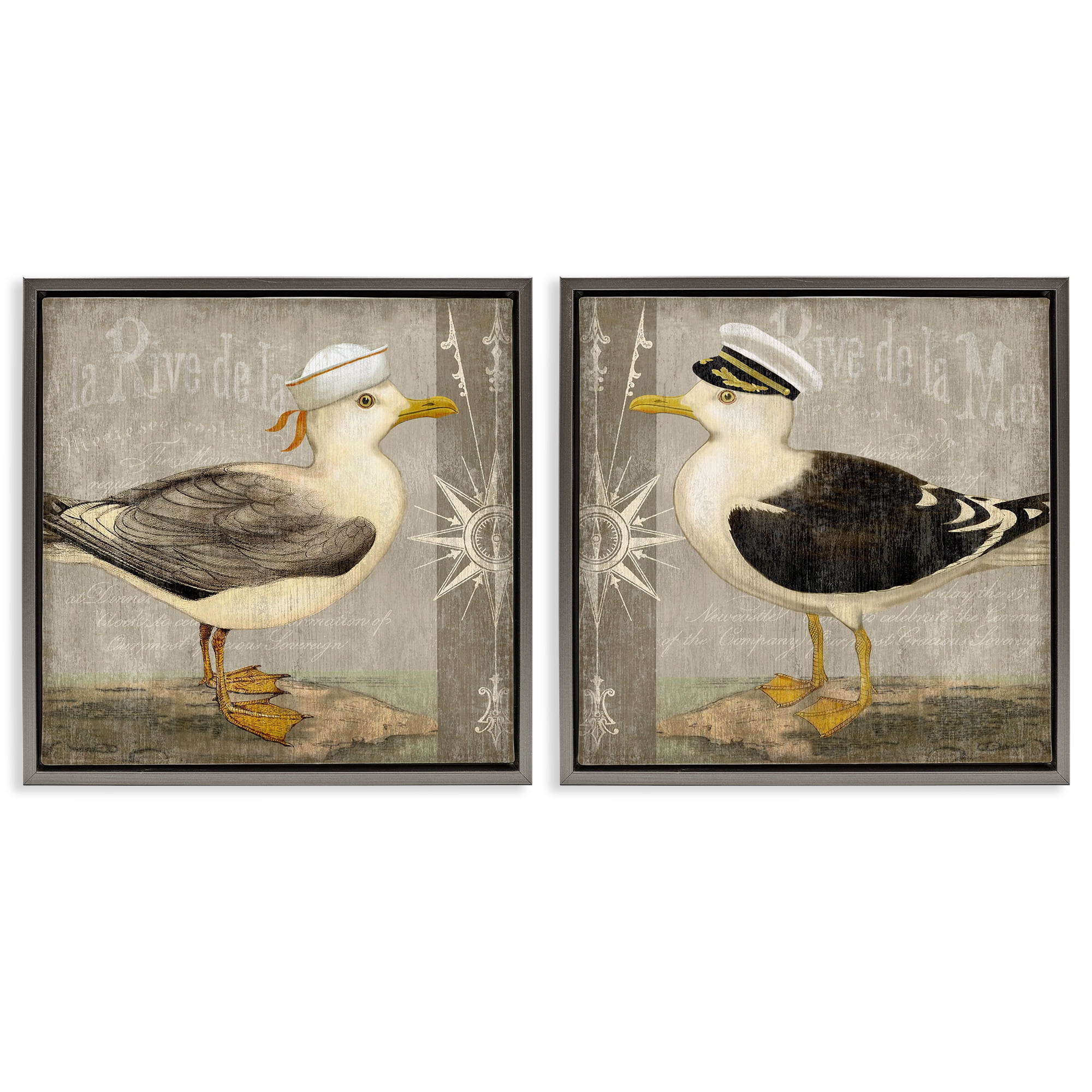 Stupell Industries Little Seagulls with Hats 2 Piece Gray Framed Floater Canvas Set, design by Suzanne Nicoll