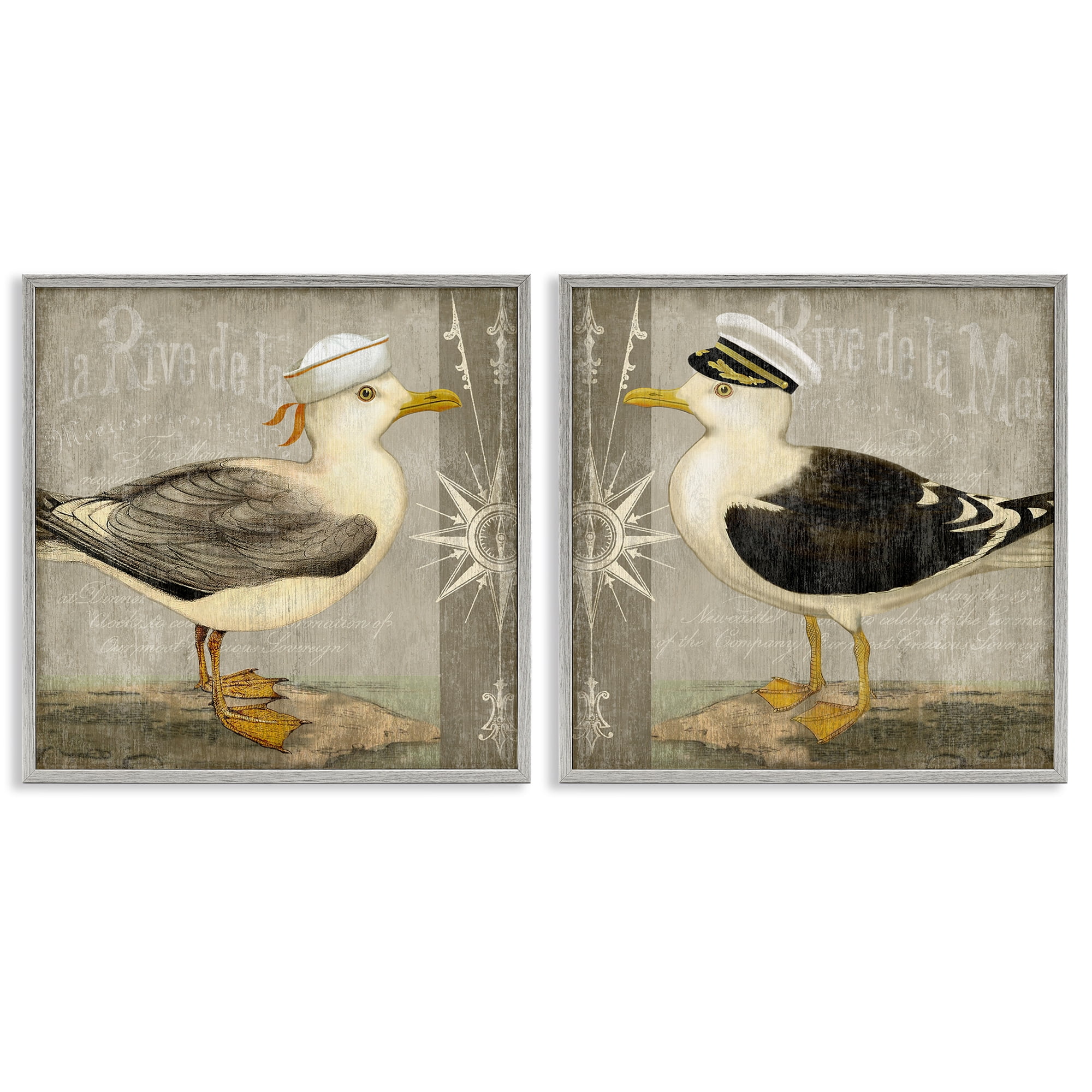 Stupell Industries Little Seagulls with Hats 2 Piece Gray Framed Giclee Art Set, design by Suzanne Nicoll
