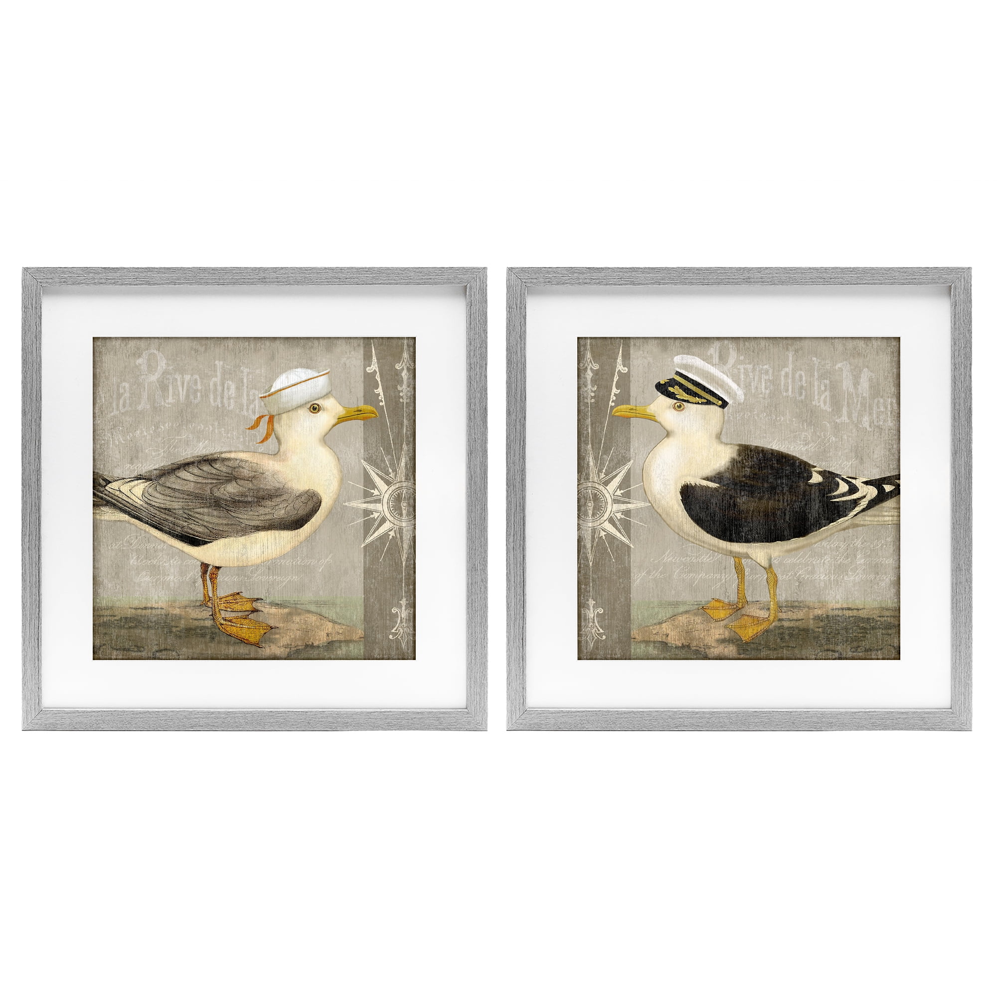 Stupell Industries Little Seagulls with Hats 2 Piece Gray Framed Print Under Glass Set, design by Suzanne Nicoll