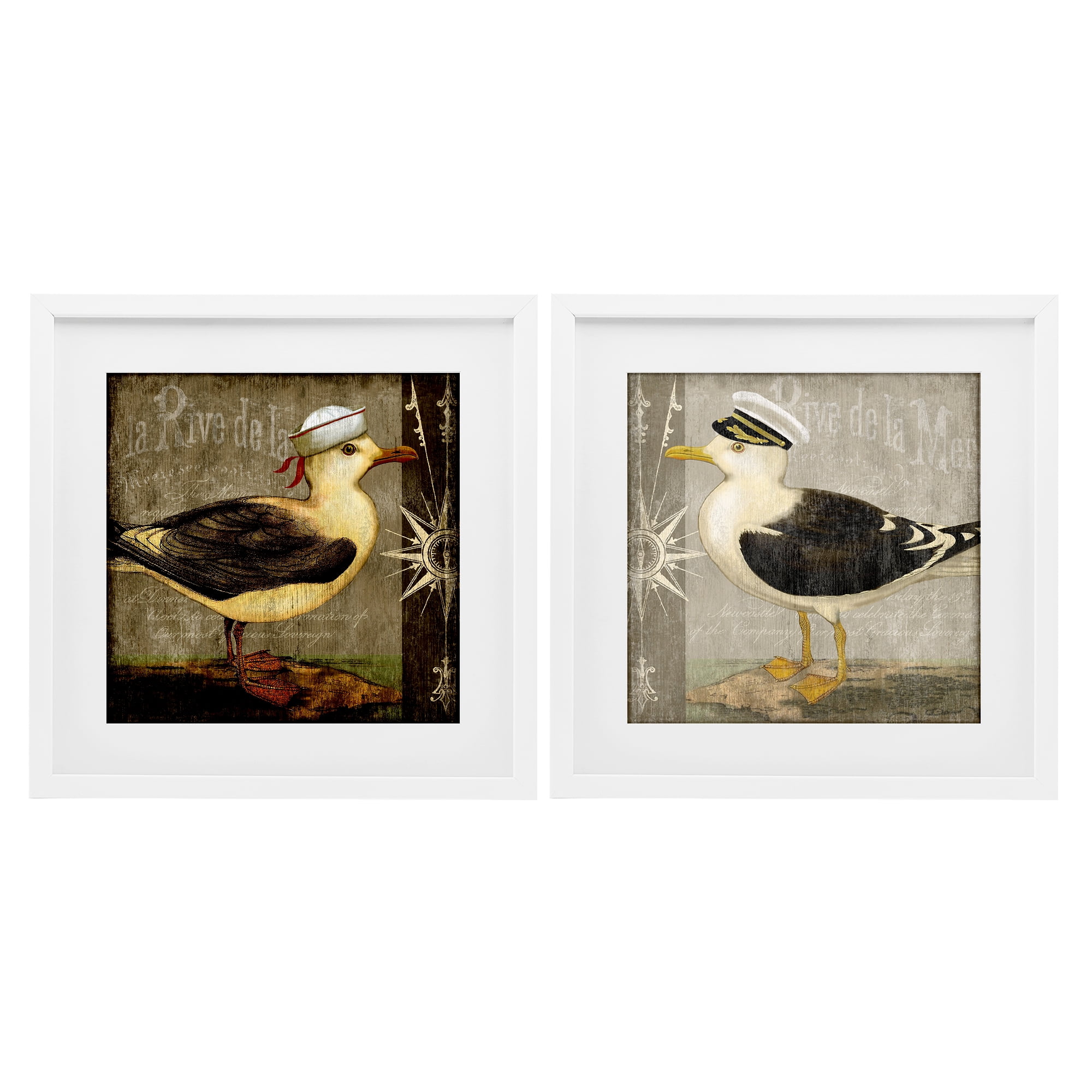 Stupell Industries Little Seagulls with Hats 2 Piece White Framed Print Under Glass Set, design by Suzanne Nicoll