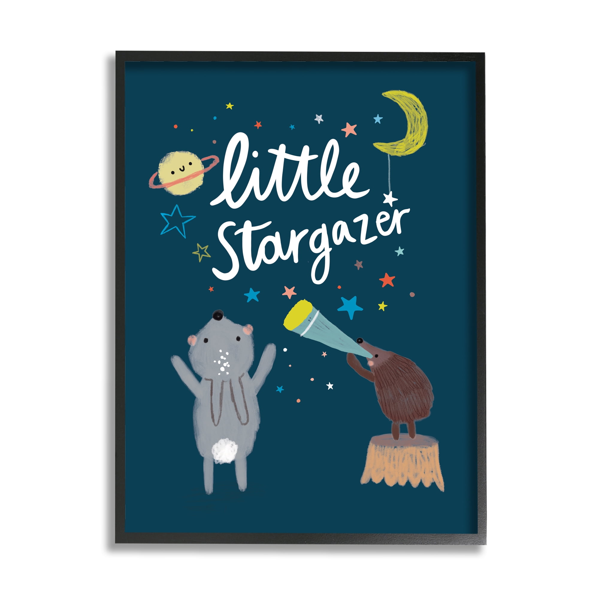 Stupell Industries Little Stargazer Kid's Forest Animals Under Night Sky Cabin Painting Black Framed Art Print Wall Art, 11 x 14, Design by Linda Birtel