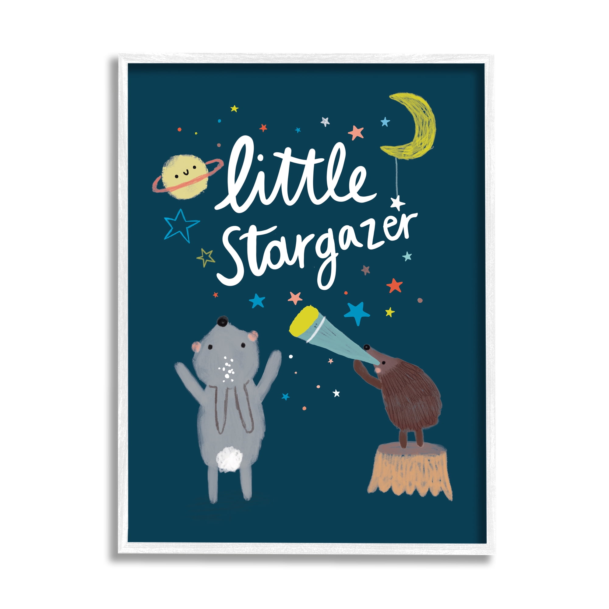 Stupell Industries Little Stargazer Kid's Forest Animals Under Night Sky Cabin Painting White Framed Art Print Wall Art, 16 x 20, Design by Linda Birtel