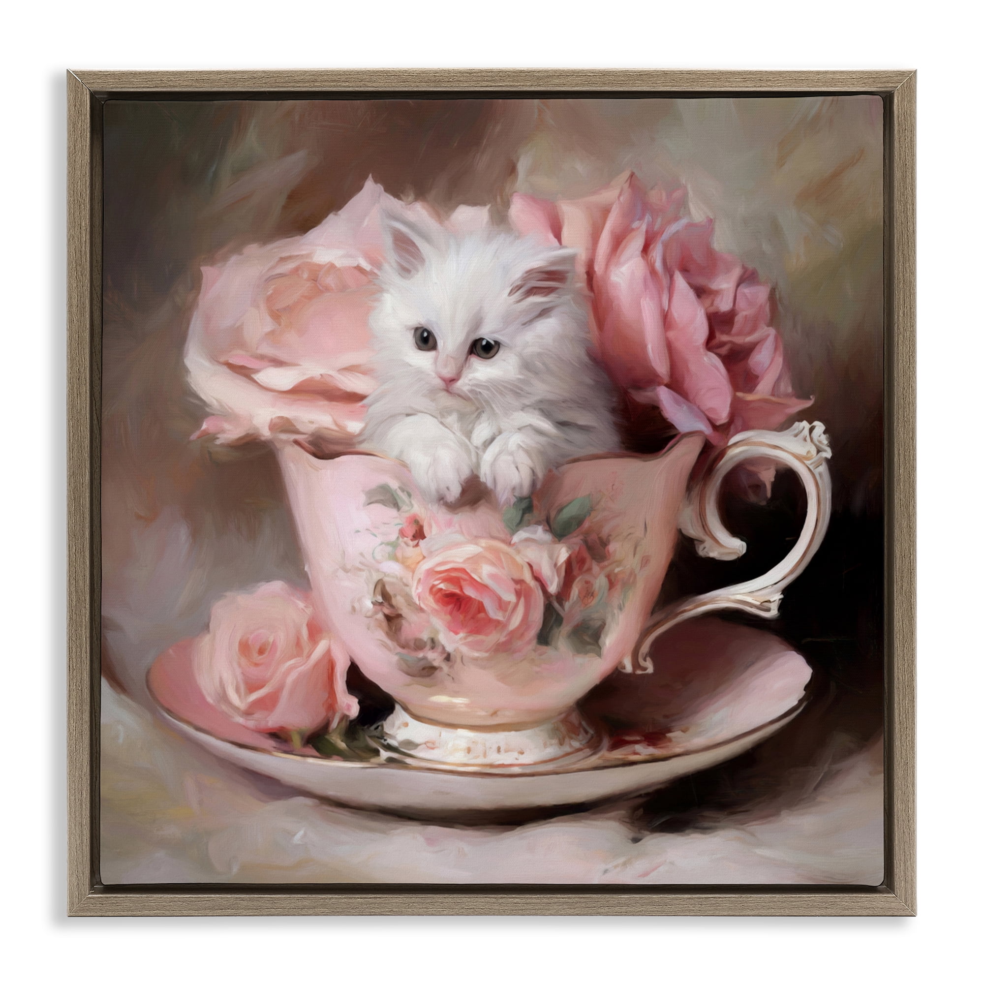 Stupell Industries Little Teacup Kitten Brown Framed Floater Canvas Wall Art, design by Tina LeCour