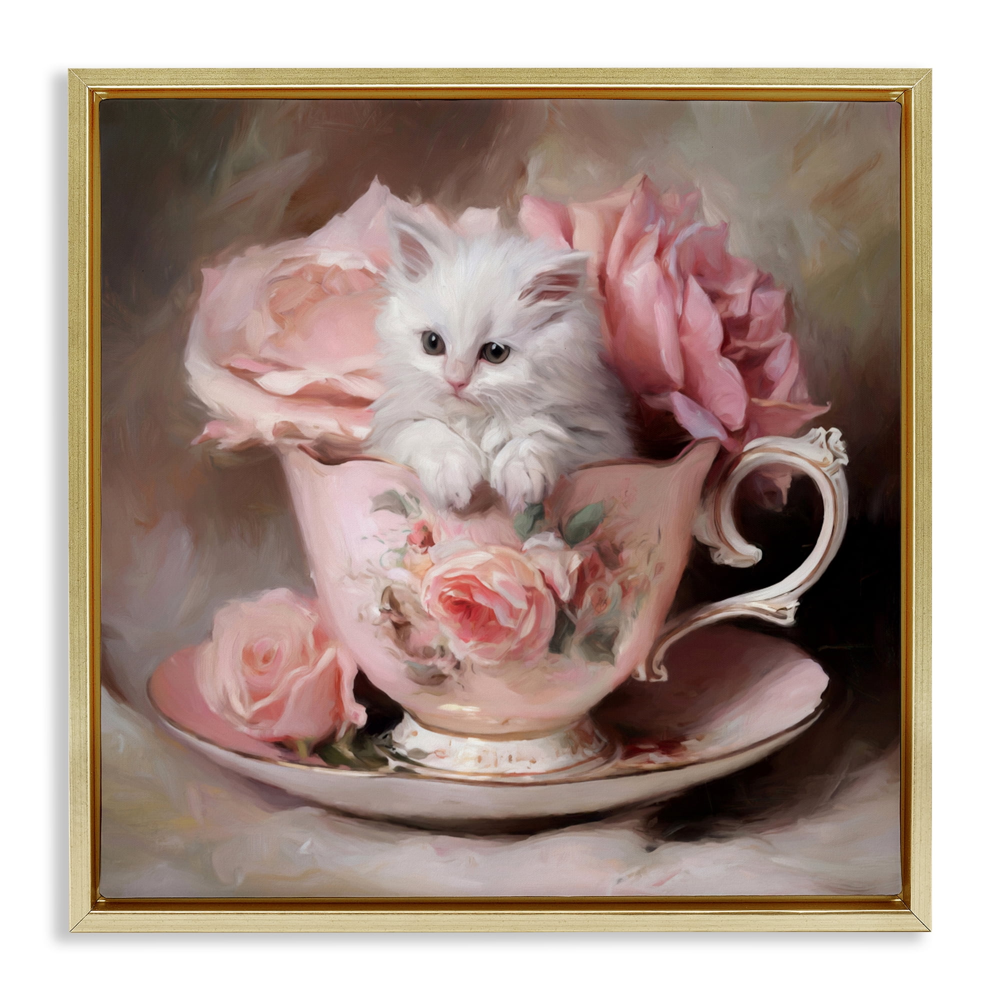 Stupell Industries Little Teacup Kitten Gold Framed Floater Canvas Wall Art, design by Tina LeCour