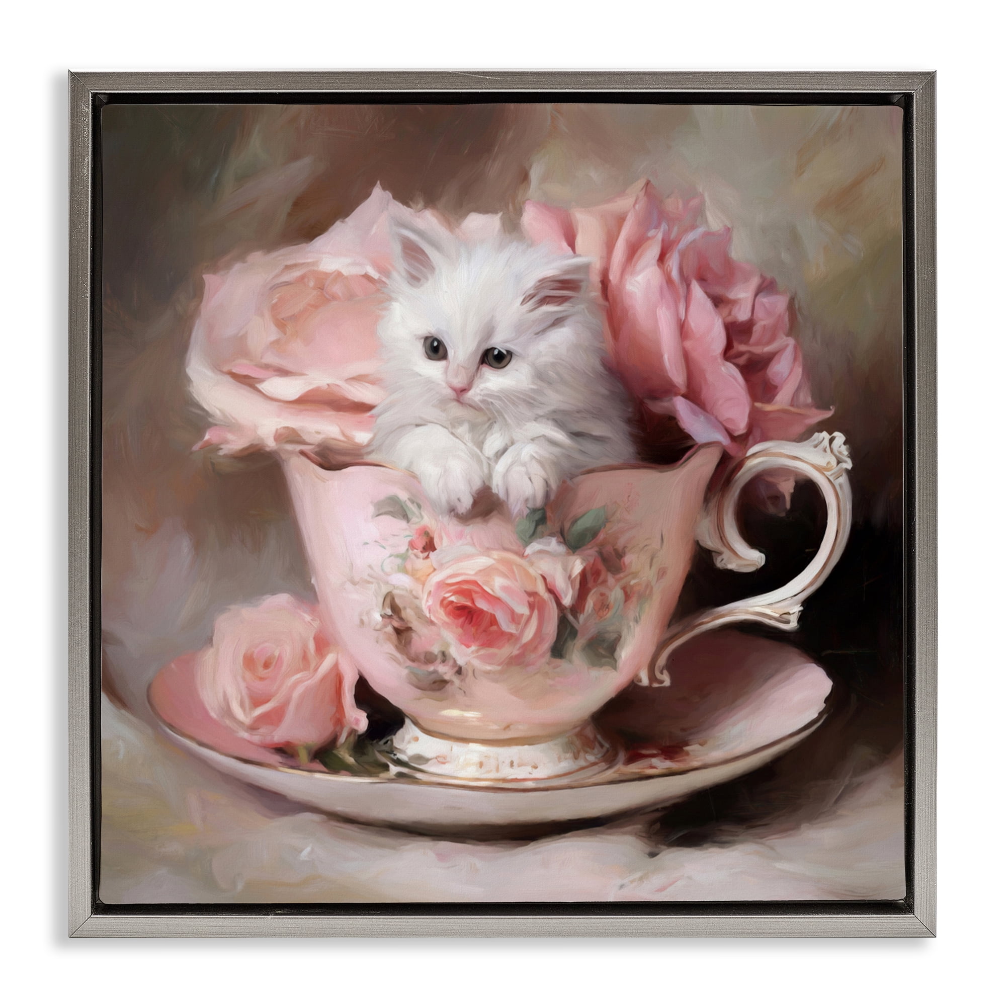 Stupell Industries Little Teacup Kitten Gray Framed Floater Canvas Wall Art, design by Tina LeCour