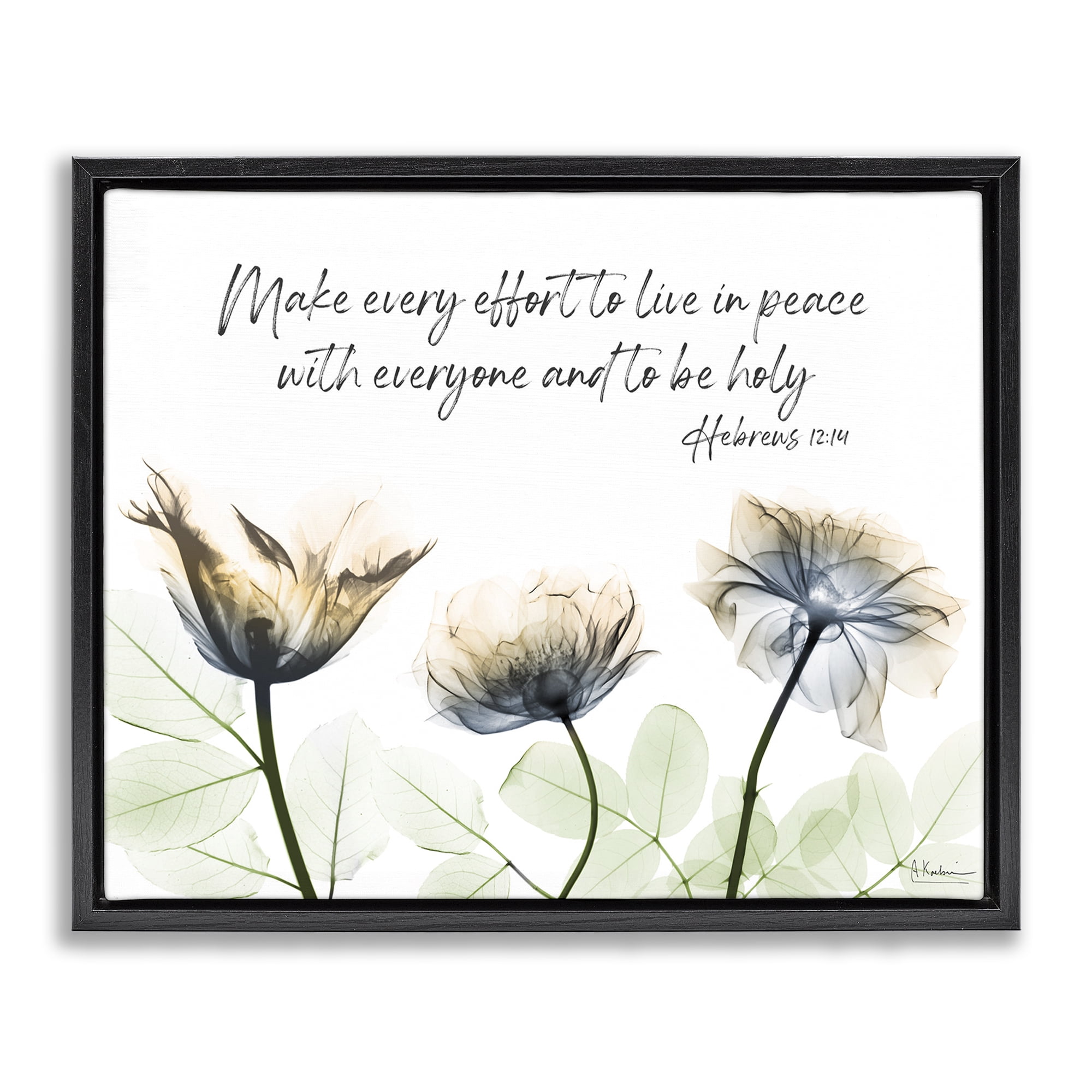 Stupell Industries Live In Peace Floral Religious Painting Black Floater Framed Art Print Wall Art, 31 x 25