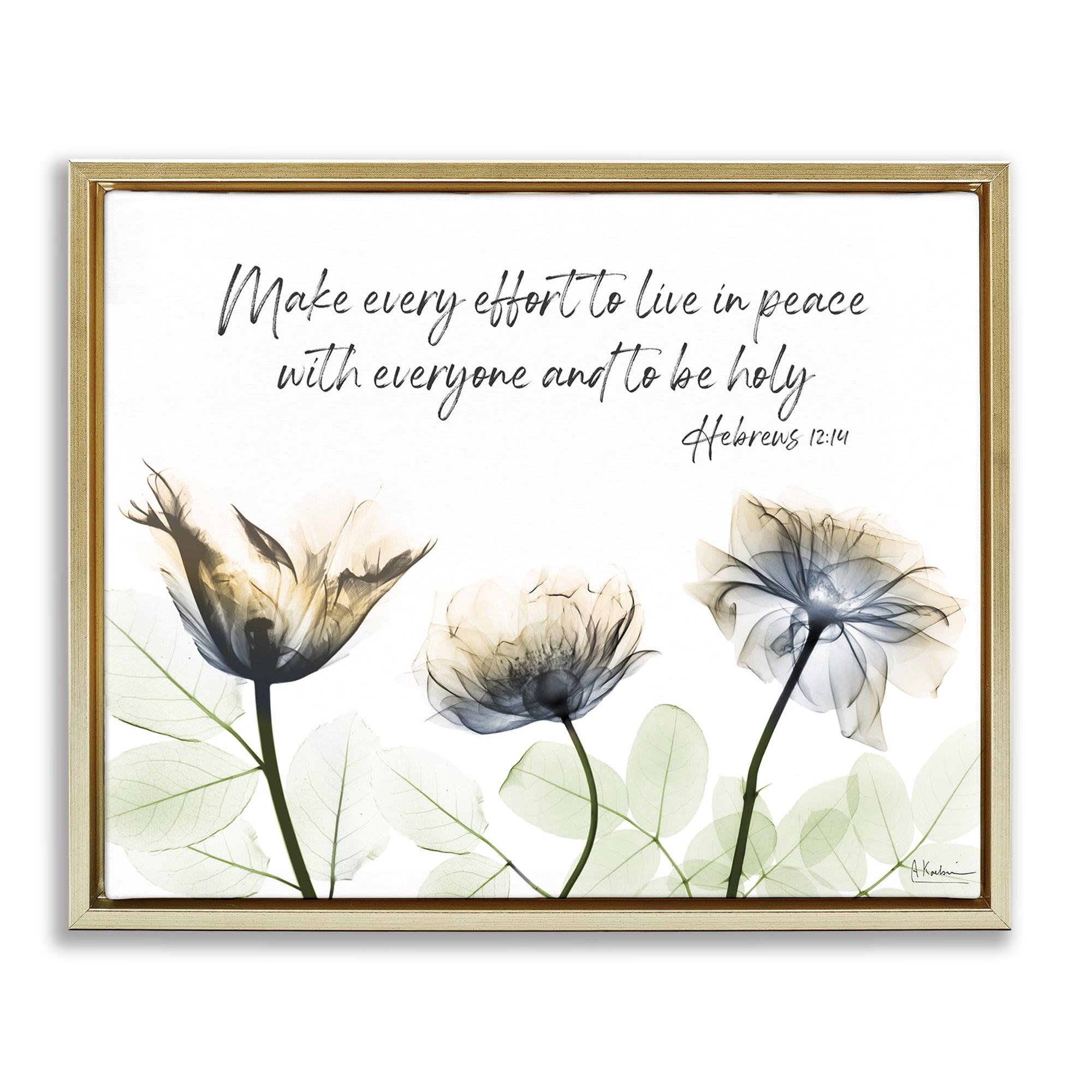 Stupell Industries Live In Peace Floral Religious Painting Gold Floater Framed Art Print Wall Art, 31 x 25