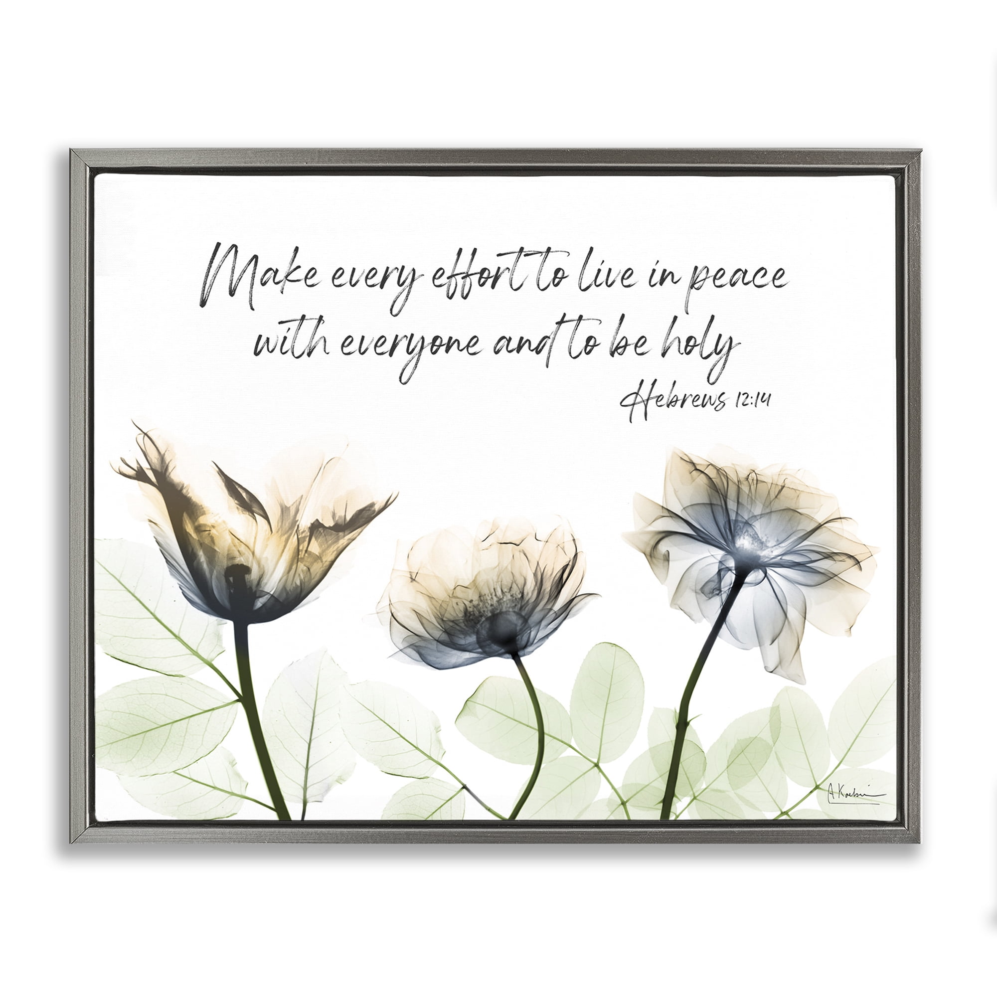 Stupell Industries Live In Peace Floral Religious Painting Gray Floater Framed Art Print Wall Art, 21 x 17