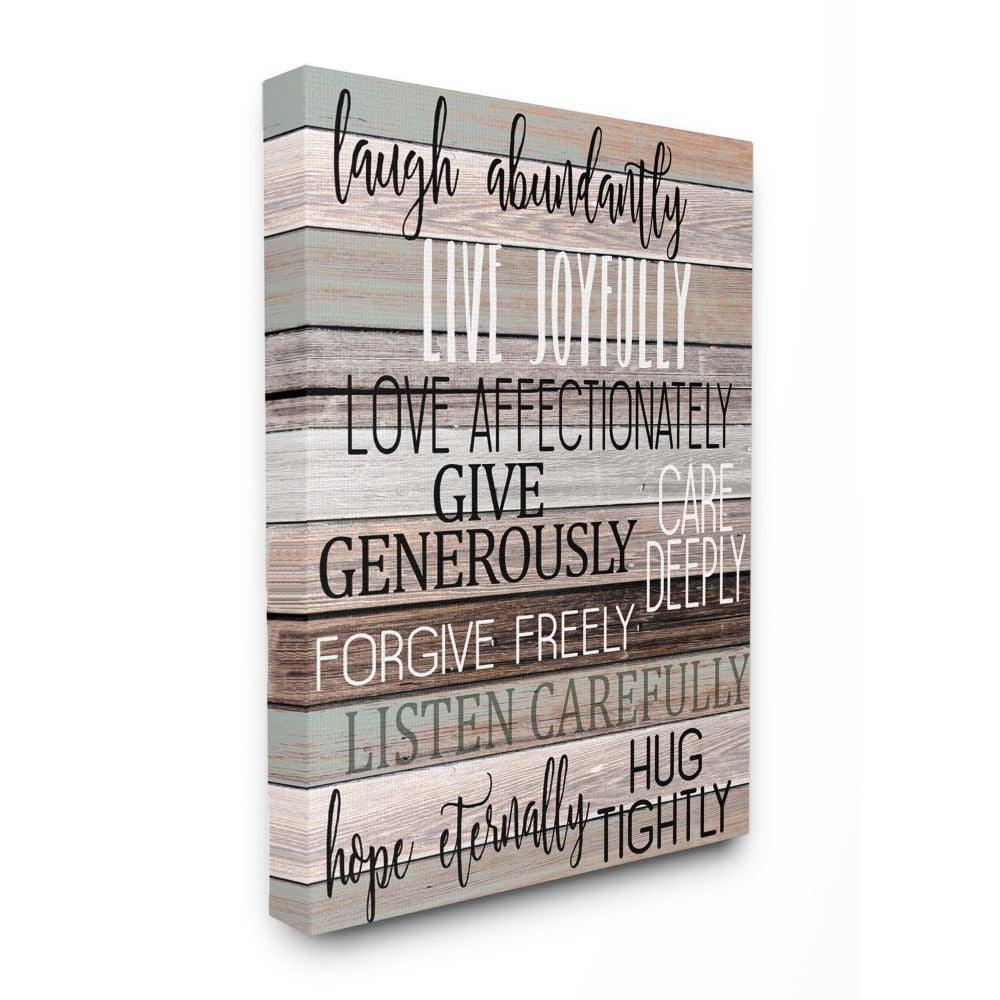 Stupell Industries Live Joyfully Phrases on Wood Grain Brown Tan Teal Canvas Wall Art Design by Kim Allen, 36" x 48"