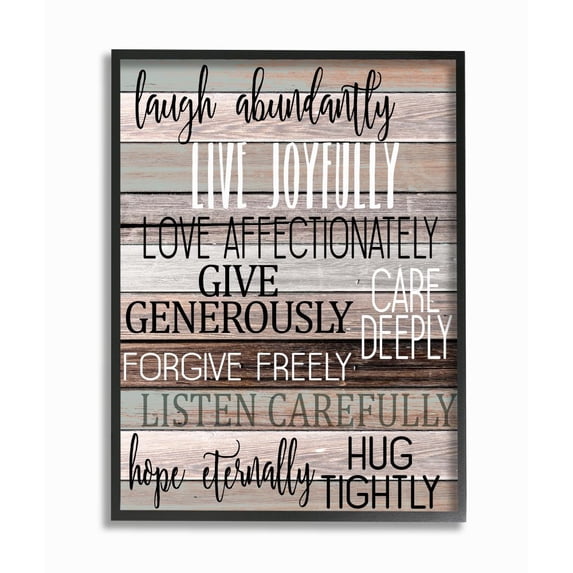 Stupell Industries Live Joyfully Phrases on Wood Grain Brown Tan Teal Framed Wall Art Design by Kim Allen, 11" x 14", Black Framed
