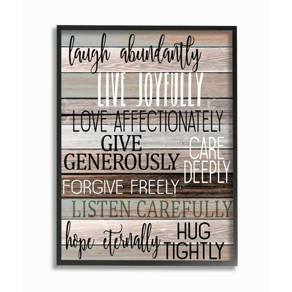 Stupell Industries Live Joyfully Phrases on Wood Grain Brown Tan Teal Framed Wall Art Design by Kim Allen, 16" x 20", Black Framed