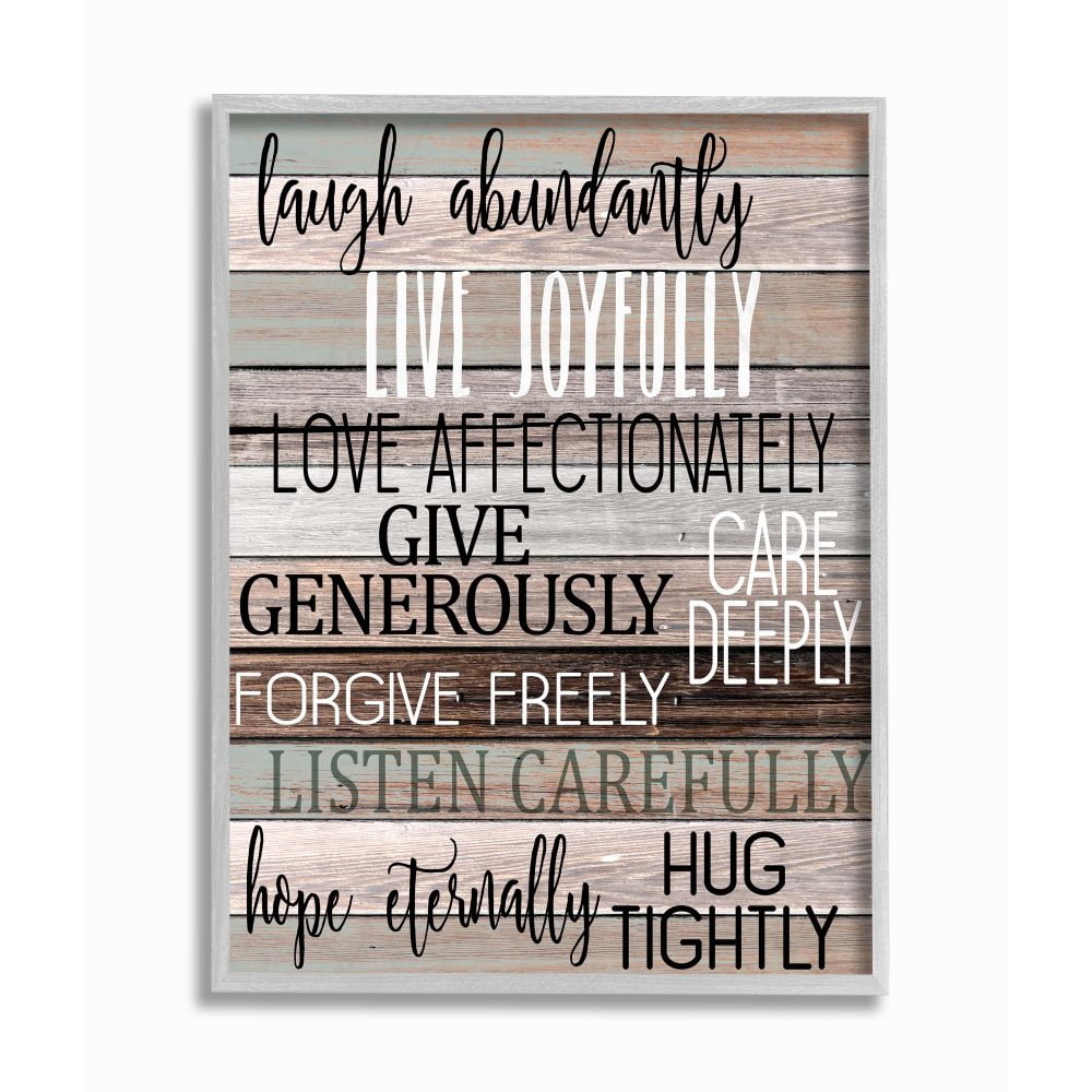 Stupell Industries Live Joyfully Phrases on Wood Grain Brown Tan Teal Framed Wall Art Design by Kim Allen, 16" x 20", Gray Framed