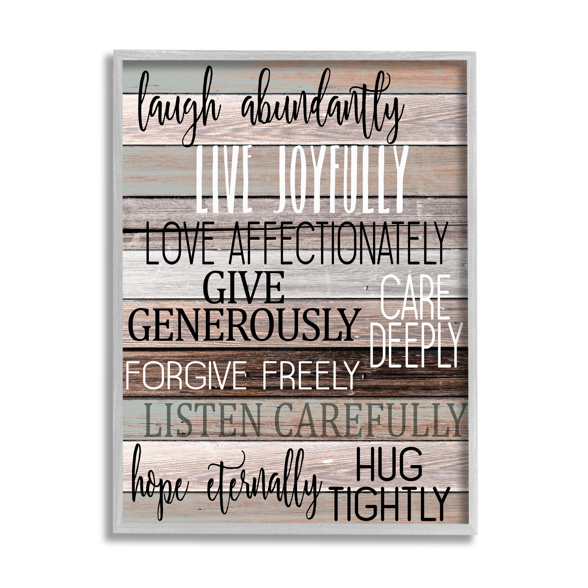 Stupell Industries Live Joyfully Phrases on Wood Grain Brown Tan Teal Graphic Art Framed Art Print Wall Art, 24x30, By Kim Allen