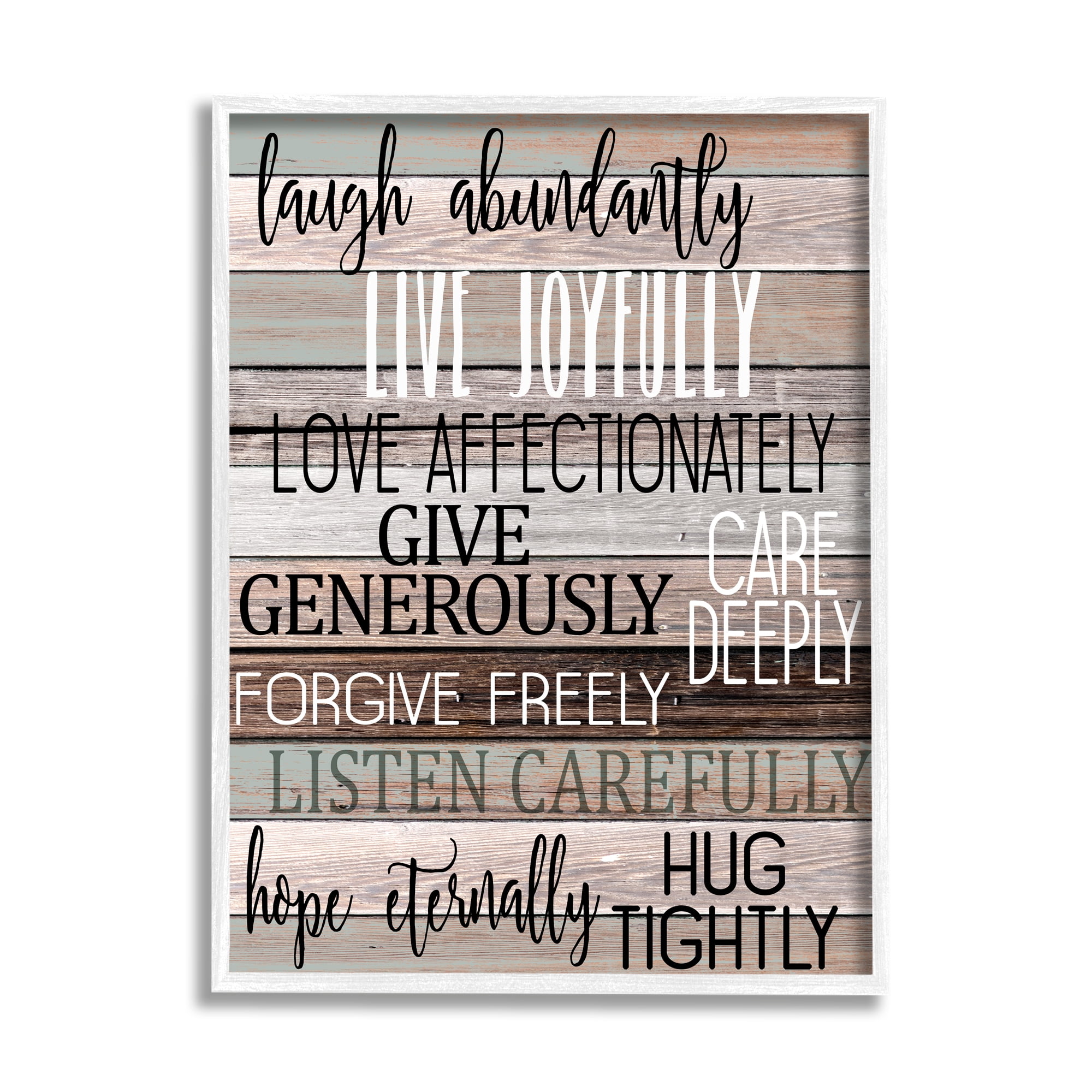Stupell Industries Live Joyfully Phrases on Wood Grain Brown Tan Teal Graphic Art Framed Art Print Wall Art, 24x30, By Kim Allen