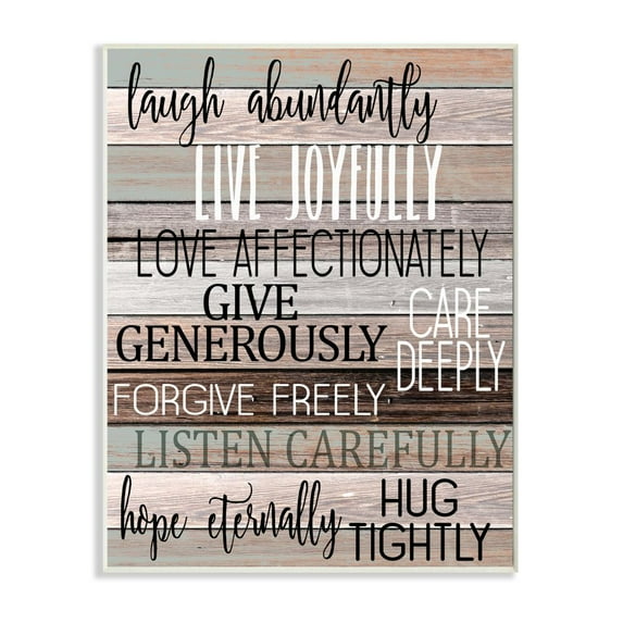 Stupell Industries Live Joyfully Phrases on Wood Grain Brown Tan Teal Graphic Art Unframed Art Print Wall Art, 10x15, by Kim Allen