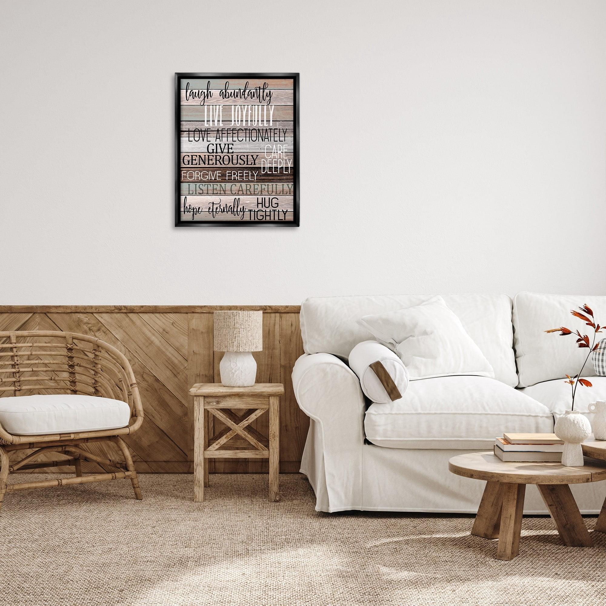 Stupell Industries Live Joyfully Phrases on Wood Grain Brown Tan Teal Jet Black Framed Floating Canvas Wall Art, 24x30, by Kim Allen