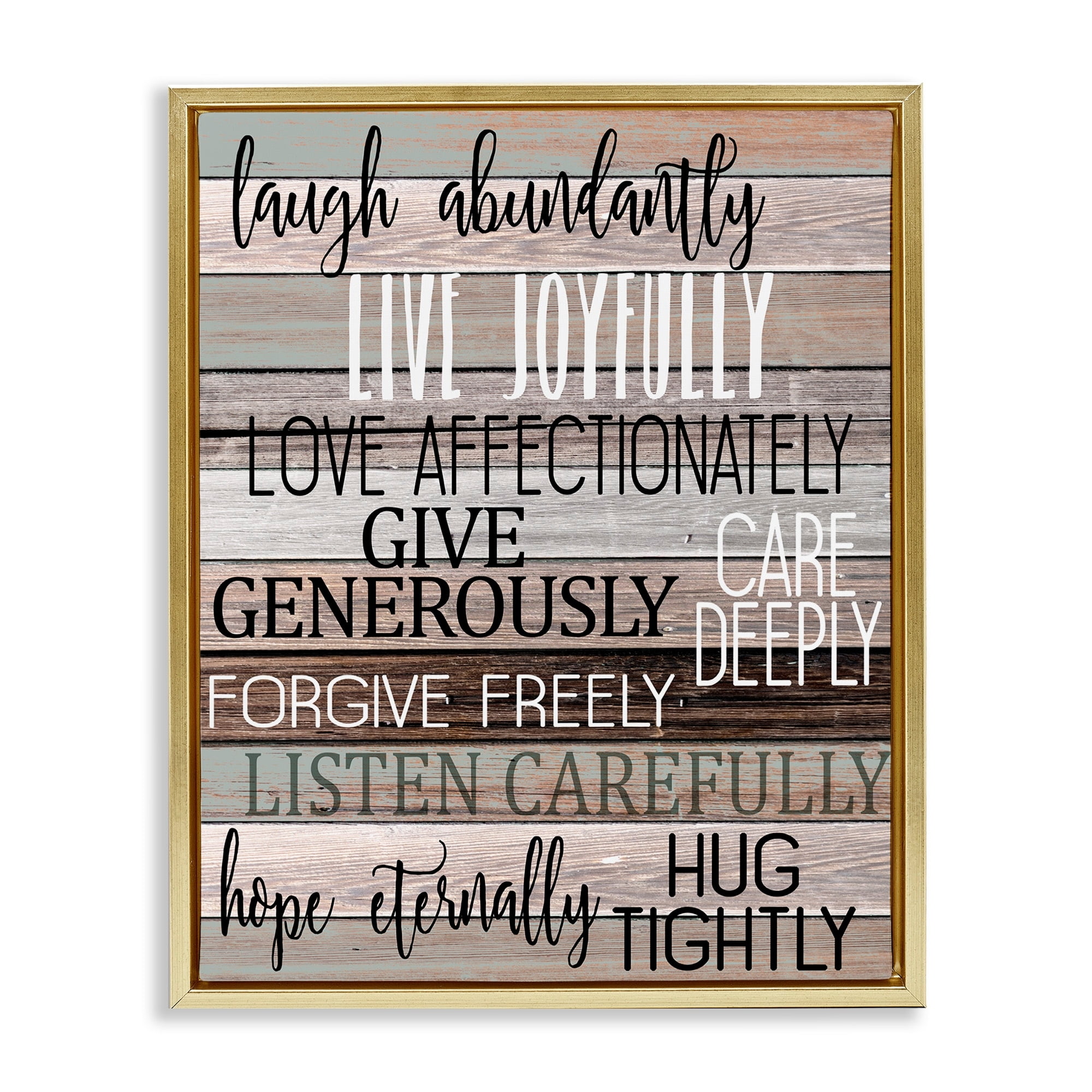 Stupell Industries Live Joyfully Phrases on Wood Grain Brown Tan Teal Metallic Gold Framed Floating Canvas Wall Art, 24x30, by Kim Allen