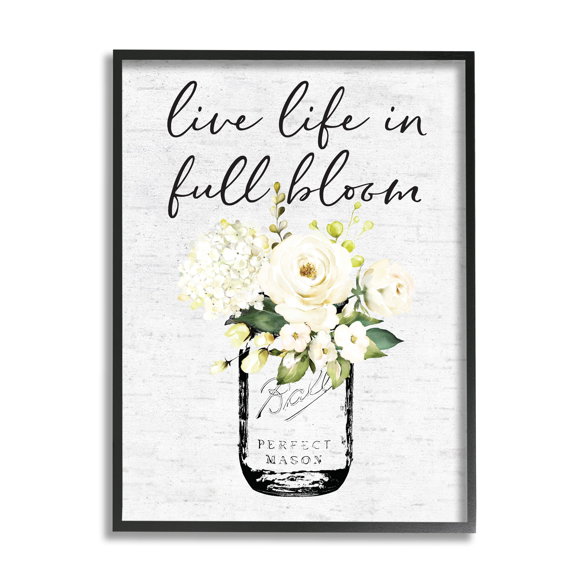 Stupell Industries Live Life Full Bloom White Floral Jar Bouquet, 16 x 20, Design by Lettered and Lined