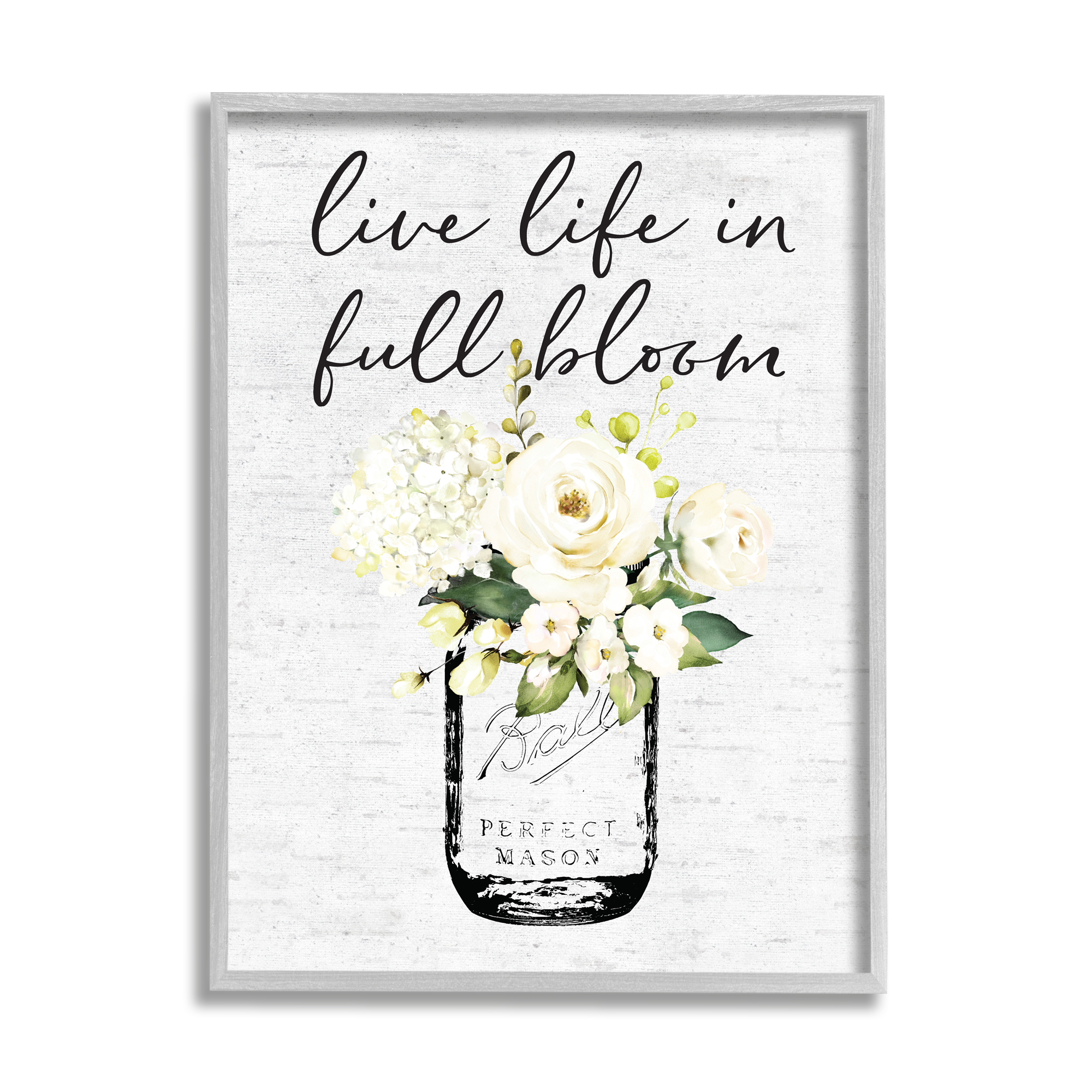 Stupell Industries Live Life Full Bloom White Floral Jar Bouquet, 24 x 30, Design by Lettered and Lined