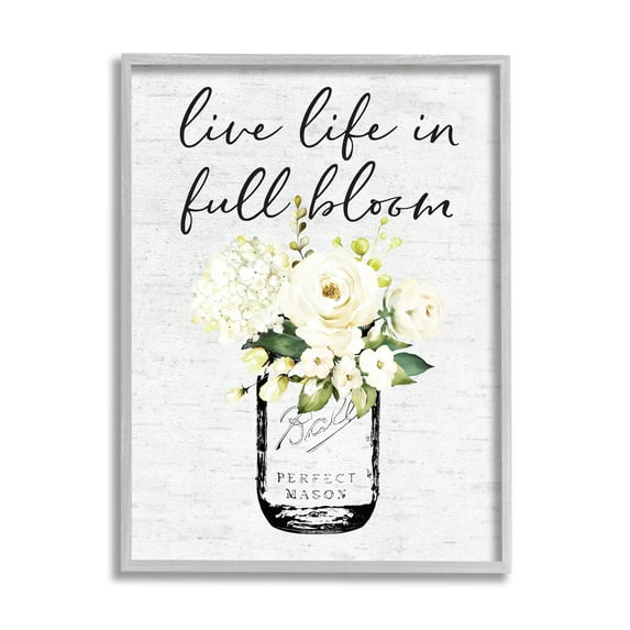 Stupell Industries Live Life Full Bloom White Floral Jar Bouquet, 24 x 30, Design by Lettered and Lined