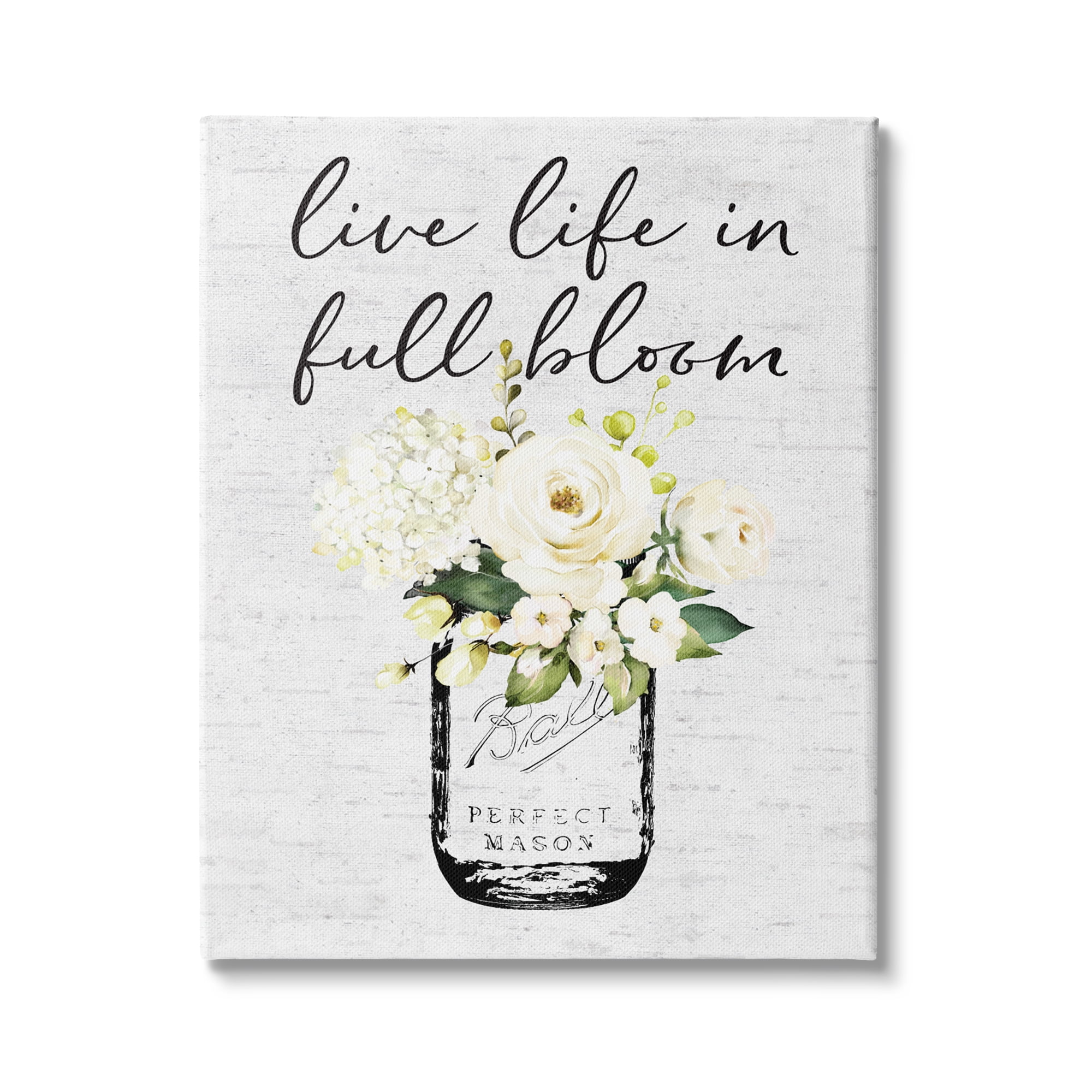 Stupell Industries Live Life Full Bloom White Floral Jar Bouquet, 30 x 40, Design by Lettered and Lined