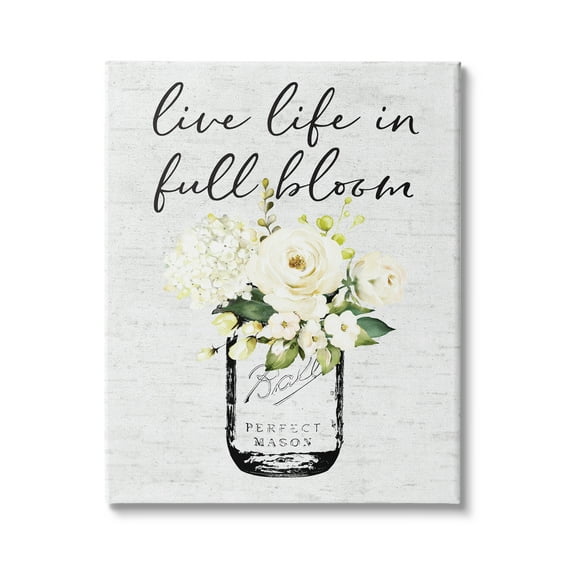 Stupell Industries Live Life Full Bloom White Floral Jar Bouquet, 36 x 48, Design by Lettered and Lined