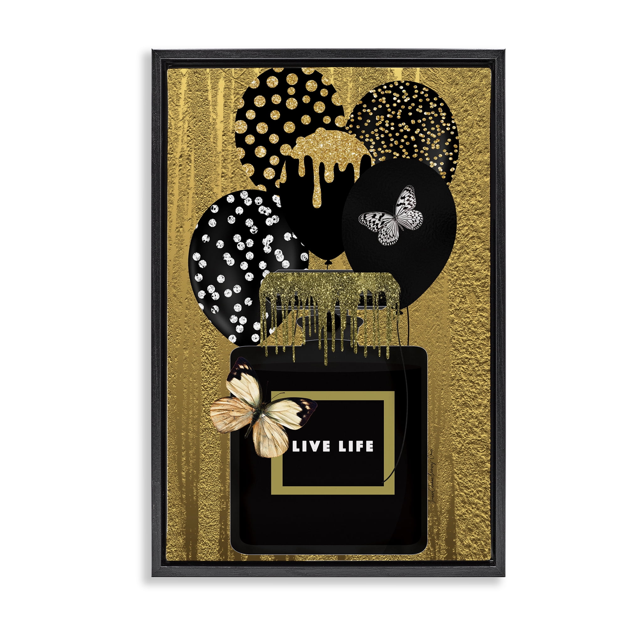 Stupell Industries Live Life Gold & Black Fashion Painting Black Floater Framed Canvas Art Print Wall Art, 21 x 31