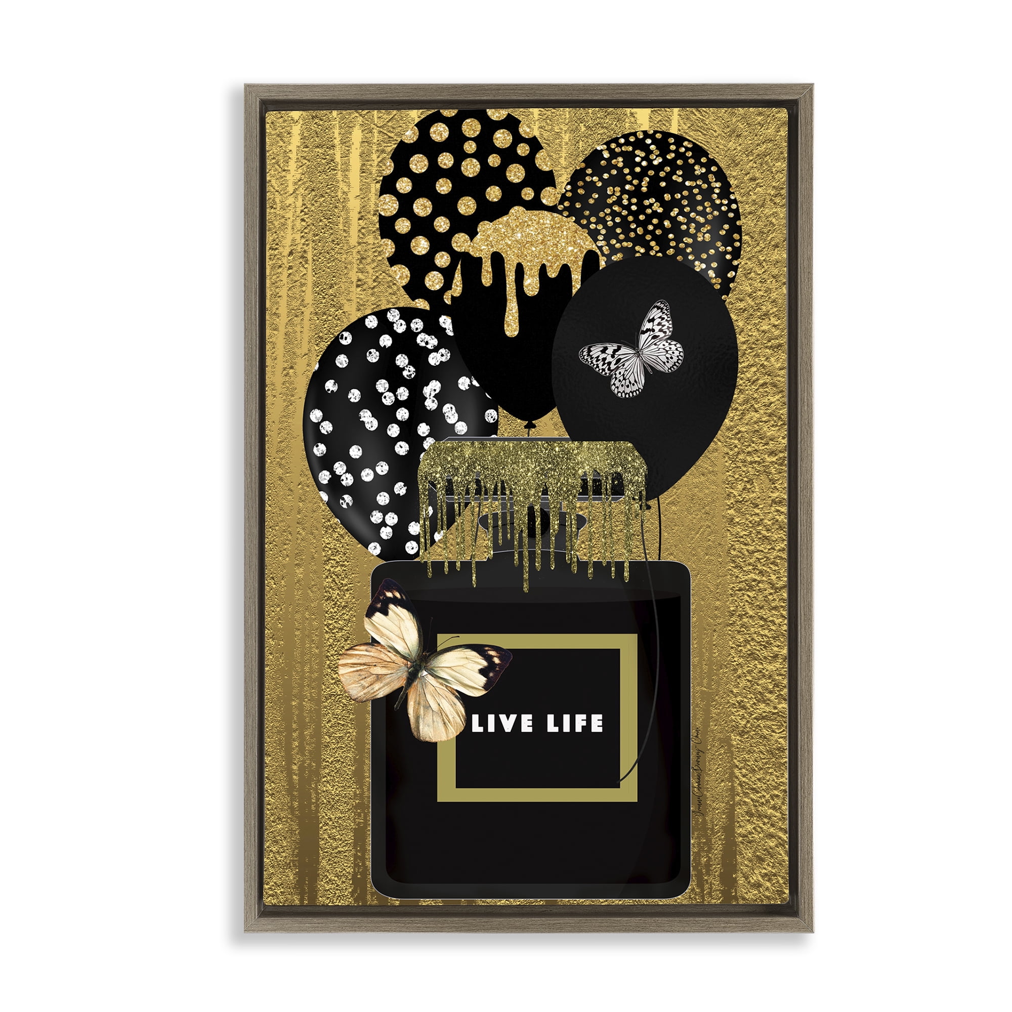 Stupell Industries Live Life Gold & Black Fashion Painting Brown Floater Framed Canvas Art Print Wall Art, 17 x 25