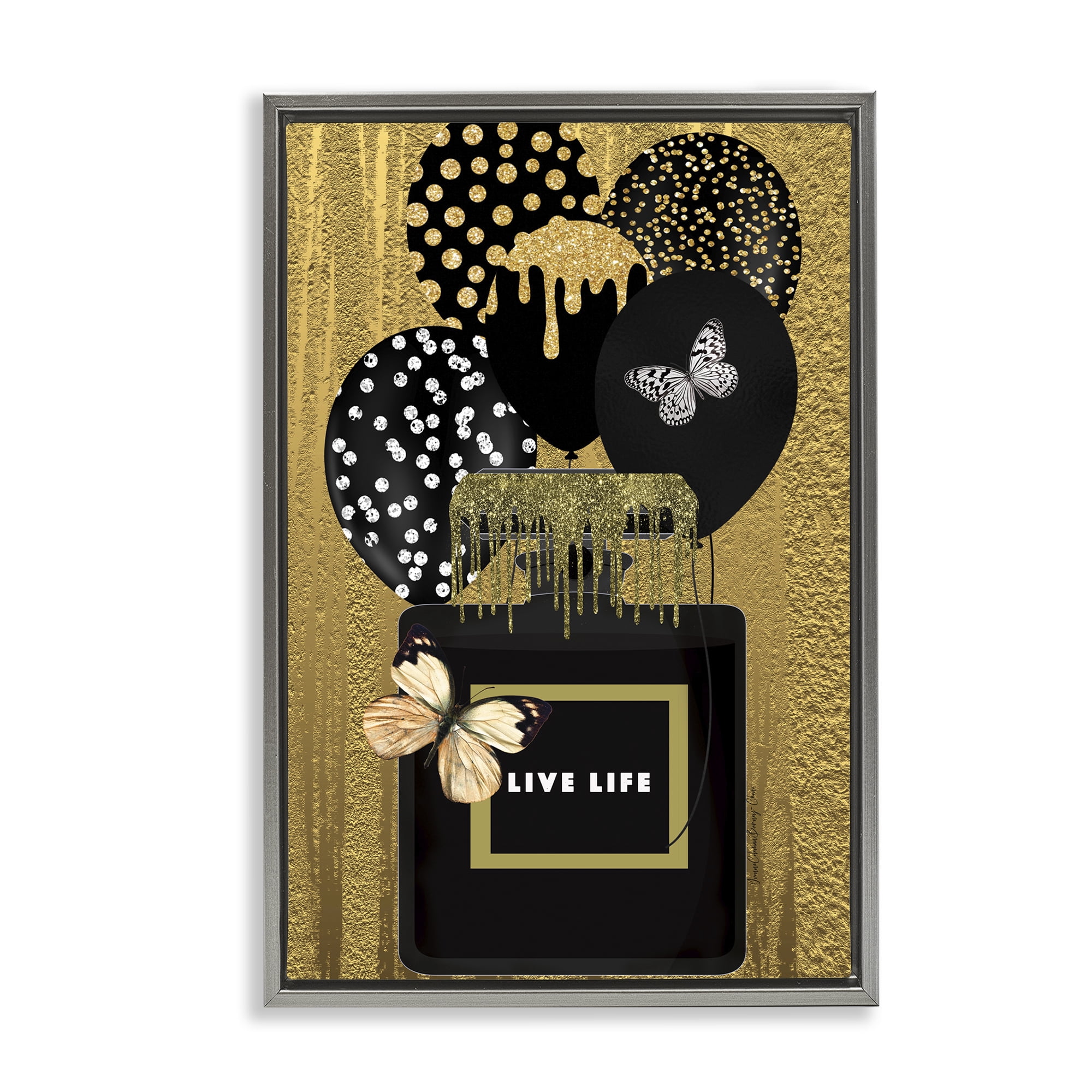 Stupell Industries Live Life Gold & Black Fashion Painting Gray Floater Framed Canvas Art Print Wall Art, 21 x 31