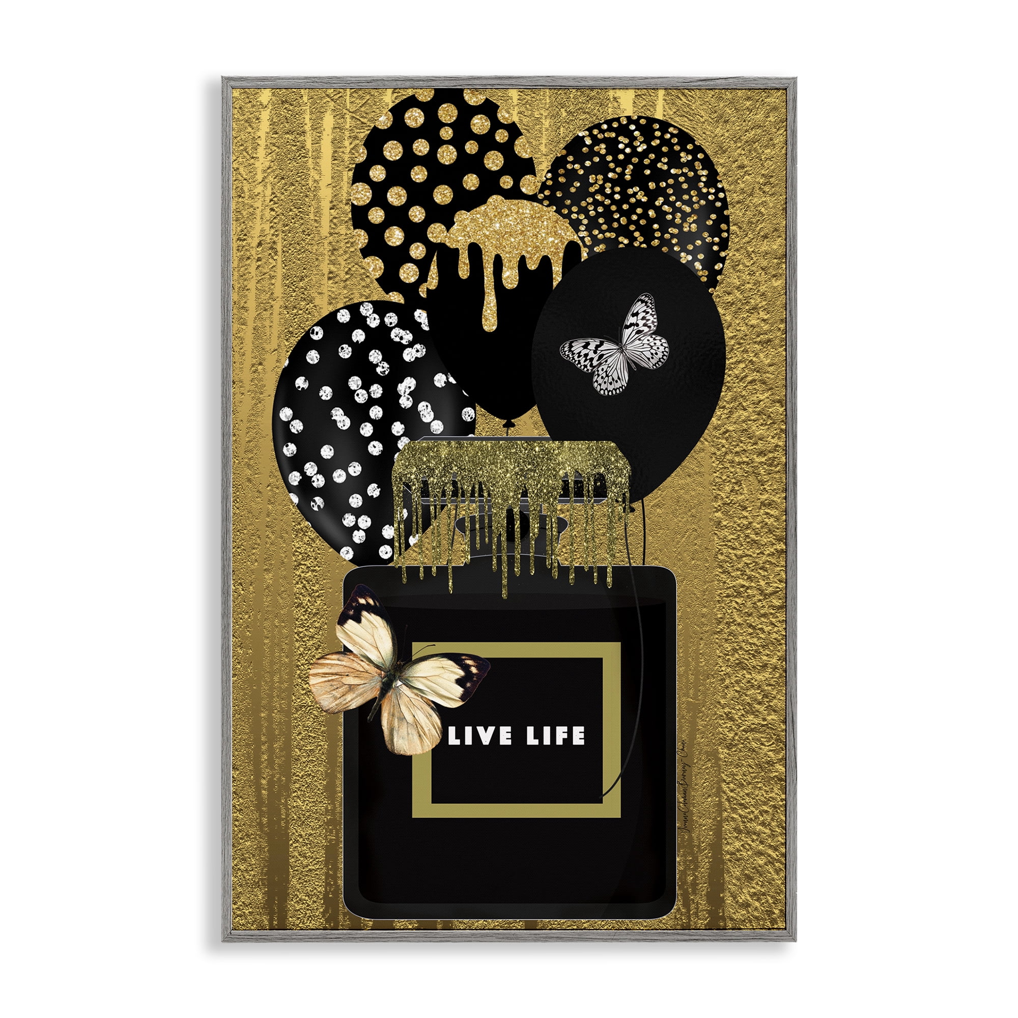 Stupell Industries Live Life Gold & Black Fashion Painting Gray Framed Art Print Wall Art, 20 x 30